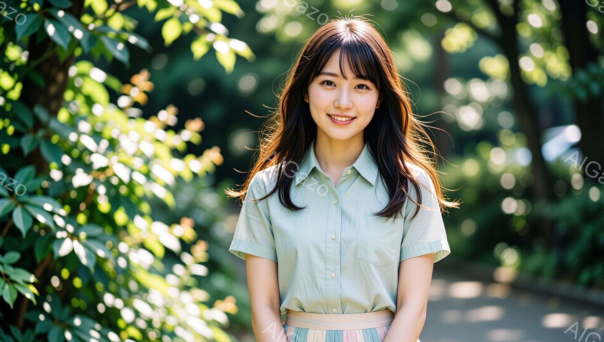 長いダークブラウンの髪をセンターパートにした女性が、明るい緑色のシャツとパステルカラーのストライプのスカートを着ています。彼女は微笑んでおり、リラックスした姿勢でカメラに向かって立っています。背景には緑豊かな木々が生い茂り、日差しが差し込み、穏やかで自然な雰囲気が漂っています。