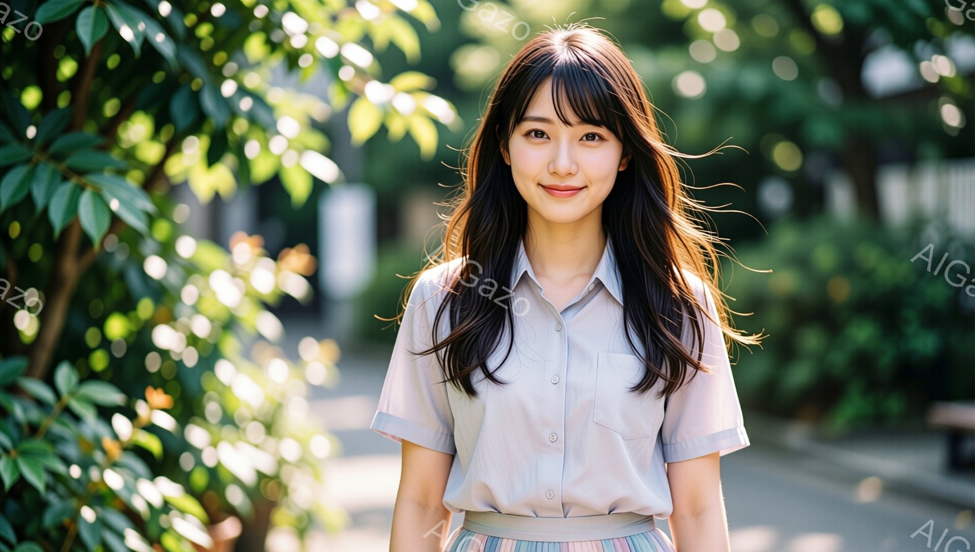 長い黒髪で前髪ぱっつんの女性が、薄いグレーのブラウスとパステルカラーのスカートを着用して正面を向いています。彼女は穏やかな笑顔を見せ、リラックスした姿勢で立っています。背景には緑豊かな木々や建物が見え - AI生成フリー素材