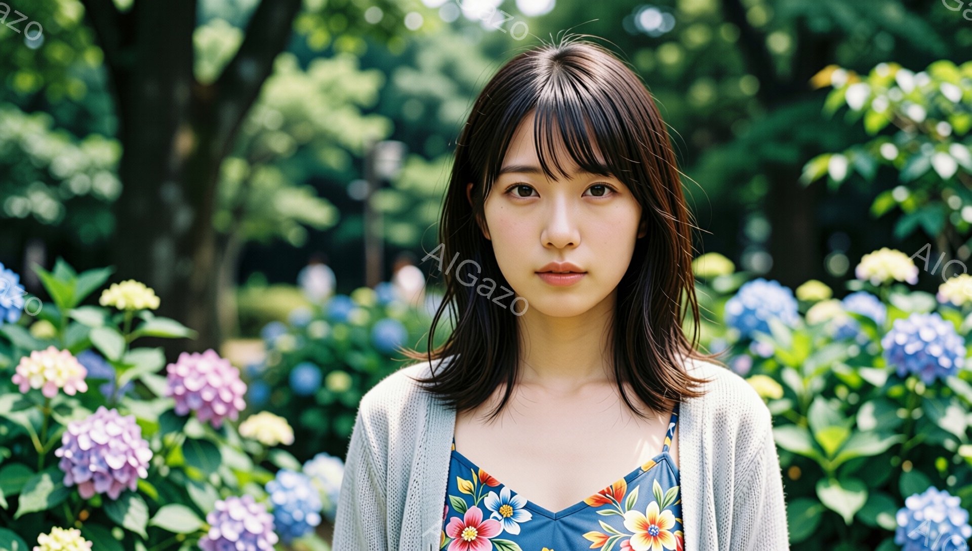 黒髪の女性が、青いアジサイの花畑を背景に立っている。彼女は花柄のキャミソールに薄灰色のカーディガンを着ており、前髪を少し長めにしてサイドを耳にかけるヘアスタイルをしている。表情は穏やかで、まっすぐカメ - AI生成フリー素材
