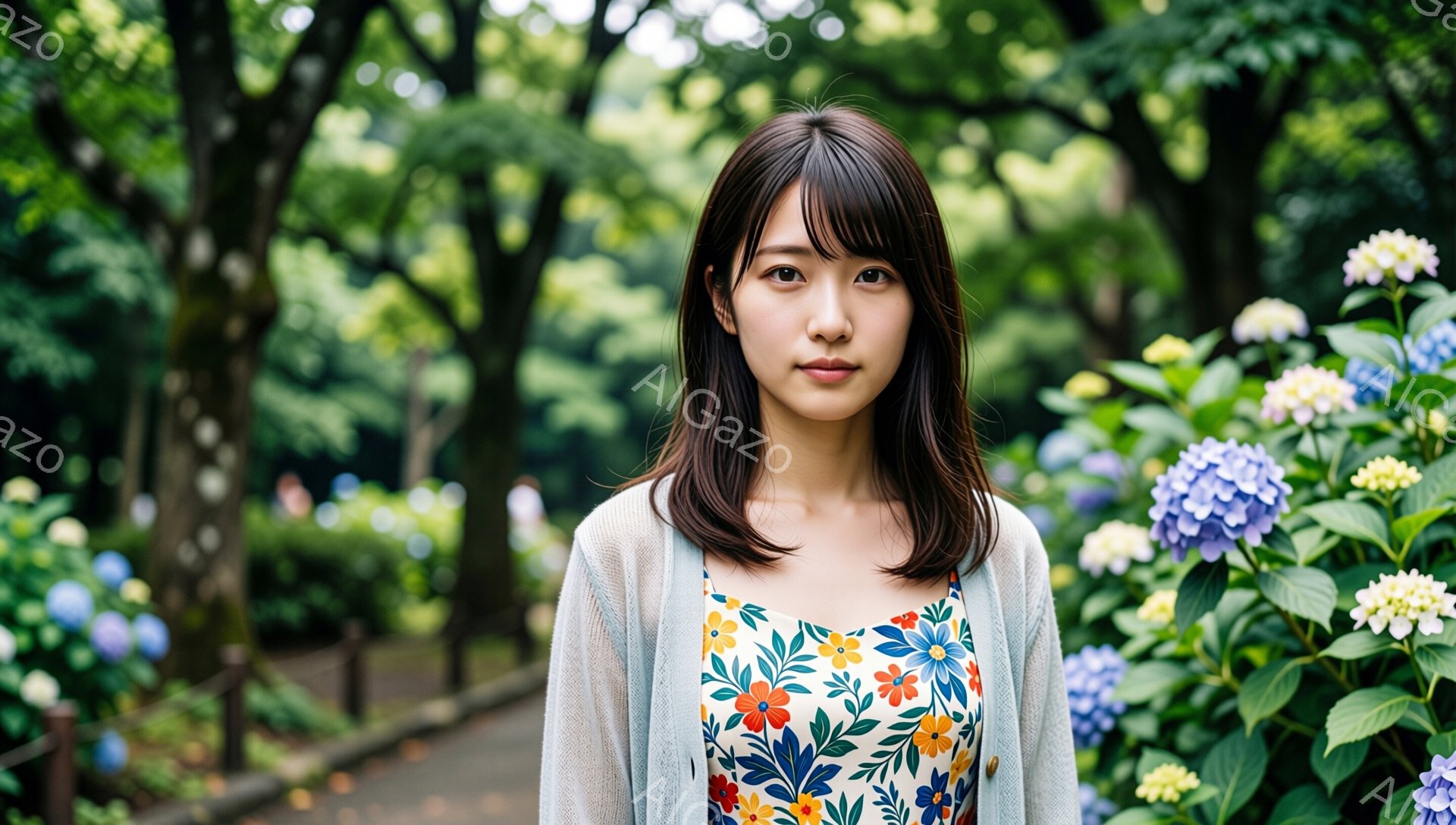 この女性は、花柄のキャミソールワンピースの上に薄いカーディガンを羽織り、肩まで届くダークブラウンの髪を少し外巻きにして、穏やかな表情で正面を見つめています。背景には青や白のあじさいが咲き乱れ、緑豊かな木々が生い茂る遊歩道が広がっています。全体的に、柔らかい光が差し込み、優雅で自然な雰囲気が漂っています。