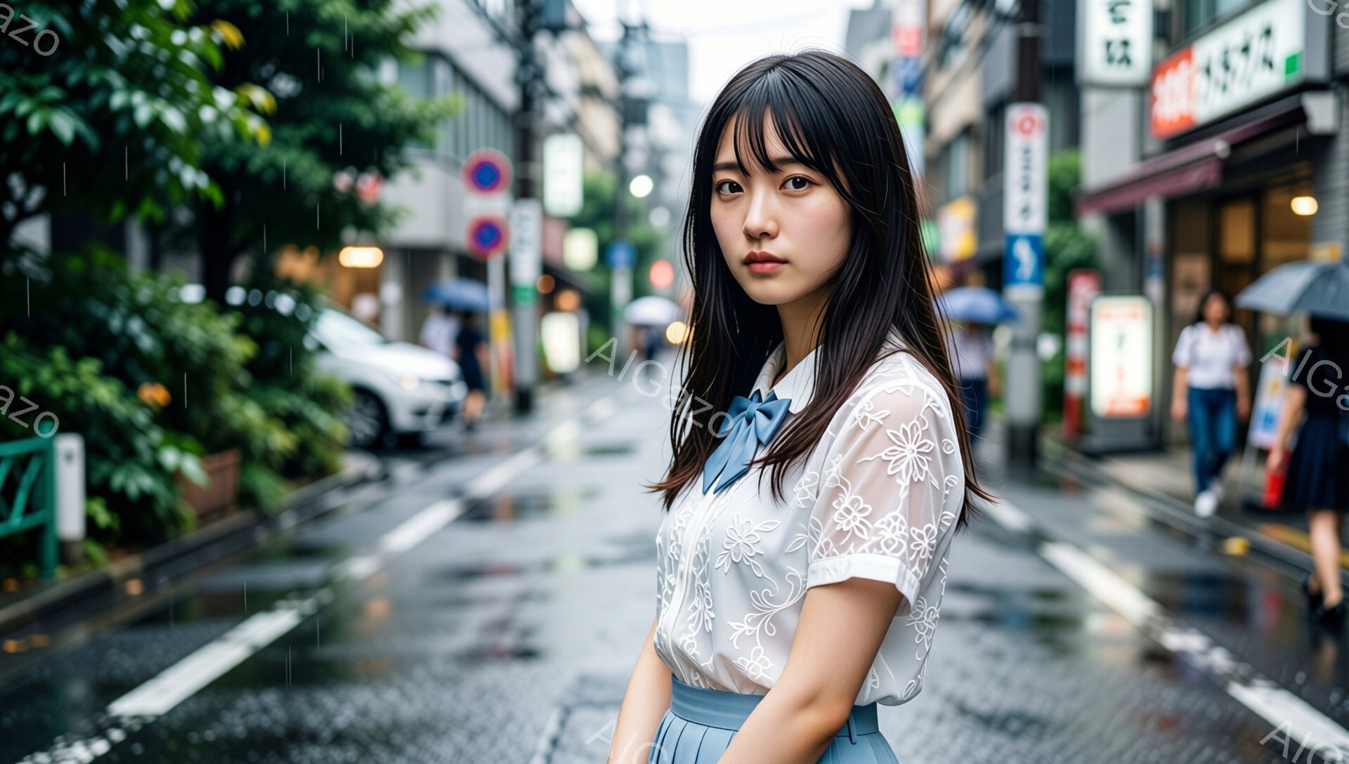 若い女性が雨の日の街角に立っている。白いレースのブラウスに水色のスカートを身につけ、黒髪を肩まで伸ばしている。彼女は少し困ったような表情で、カメラの方をじっと見つめている。