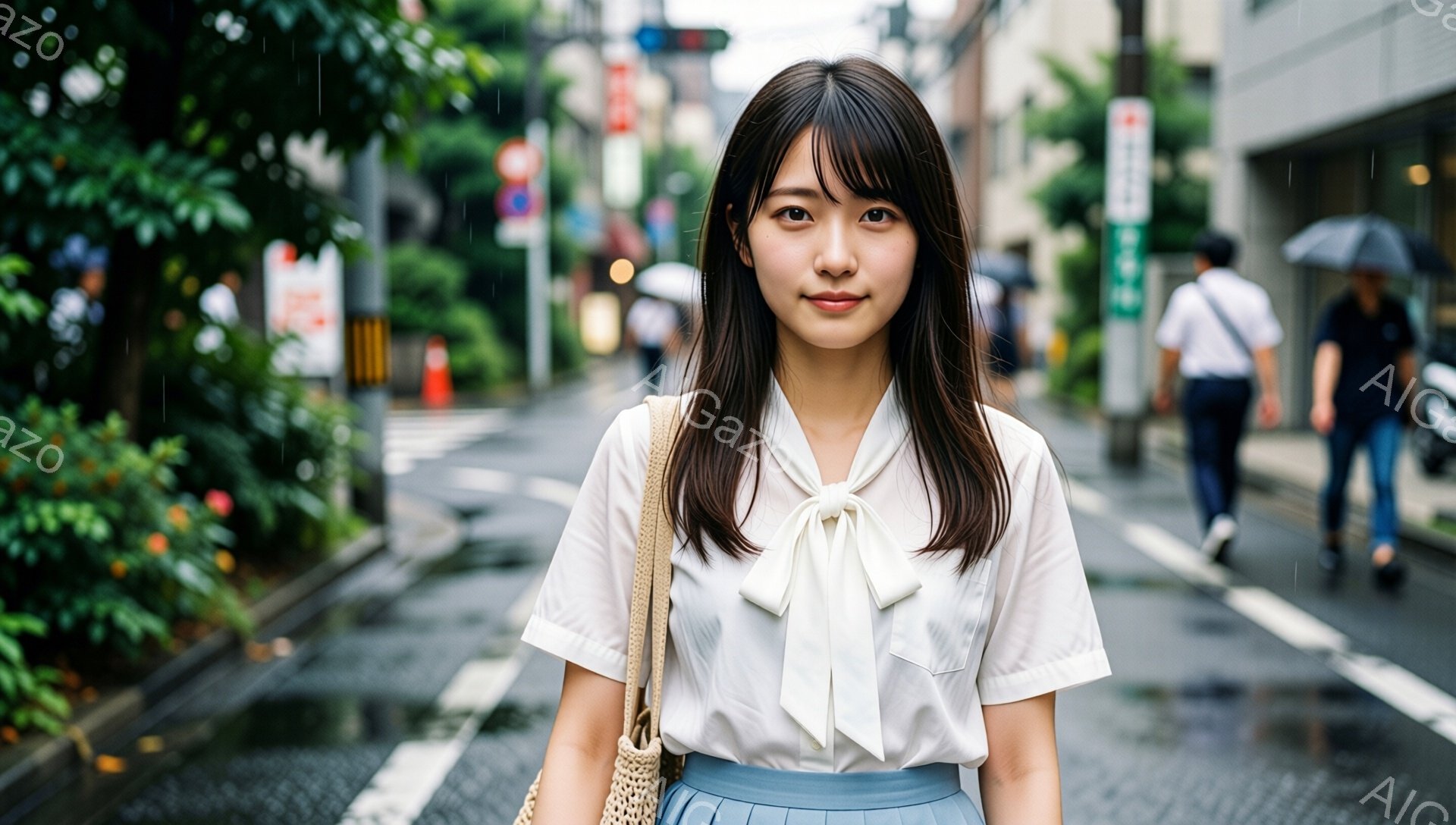 若い女性が、白いブラウスに水色のスカートを身につけ、肩に籐のバッグを掛けて、横断歩道に立っている。彼女は黒髪で、前髪を少し長く伸ばし、穏やかな笑顔を浮かべている。背景は雨に濡れた都会の通りで、歩行者や建物が見え、全体的にしっとりとした雰囲気が漂う。