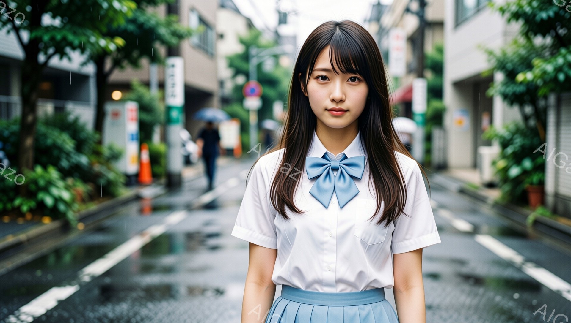 長い黒髪で前髪が眉毛にかかる女性が、白いシャツと水色のリボン、水色のスカート姿で立っている。彼女はカメラに向かって少し微笑んでおり、やや緊張した様子が見受けられる。背景は雨に濡れた日本の街並みで、建物や植物が見え、遠くには人が歩いている。