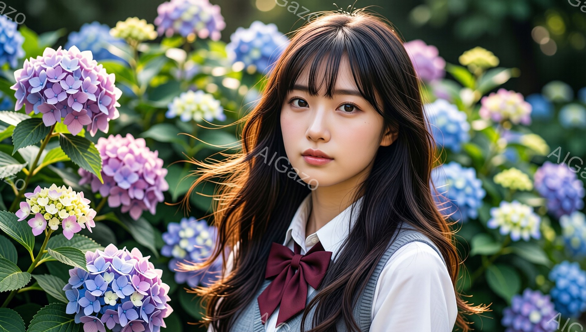 長い黒髪に前髪を下ろした若い女性が、紫と青の紫陽花に囲まれて立っている。白いシャツに茶色のリボンとベストを着用し、少し微笑んでいる。背景は紫陽花の花で満たされており、全体的に柔らかく、穏やかな雰囲気である。