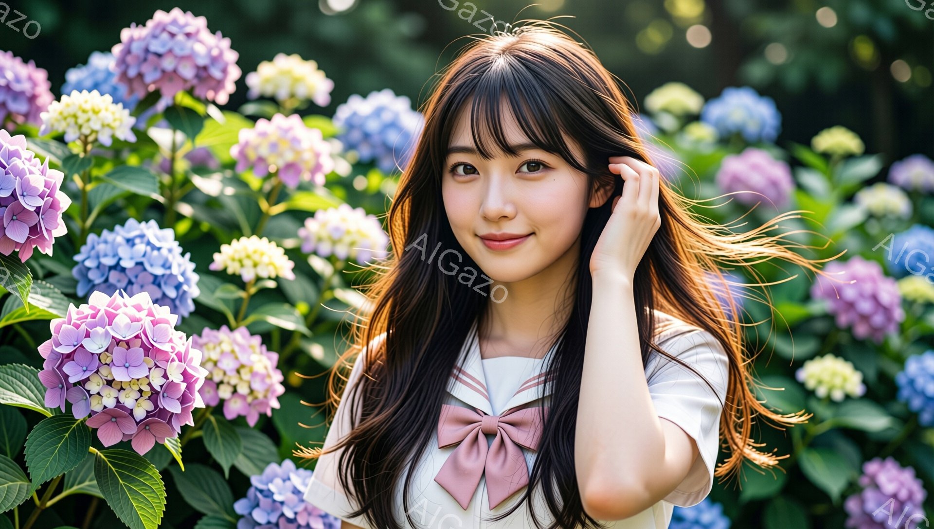 長い黒髪を無造作に肩にかける若い女性が写っている。白いブラウスに薄いピンク色のリボンが結ばれており、穏やかな笑顔でカメラを見ている。背景には、様々な色合いの紫陽花が密集しており、柔らかな光が降り注いで - AI生成フリー素材
