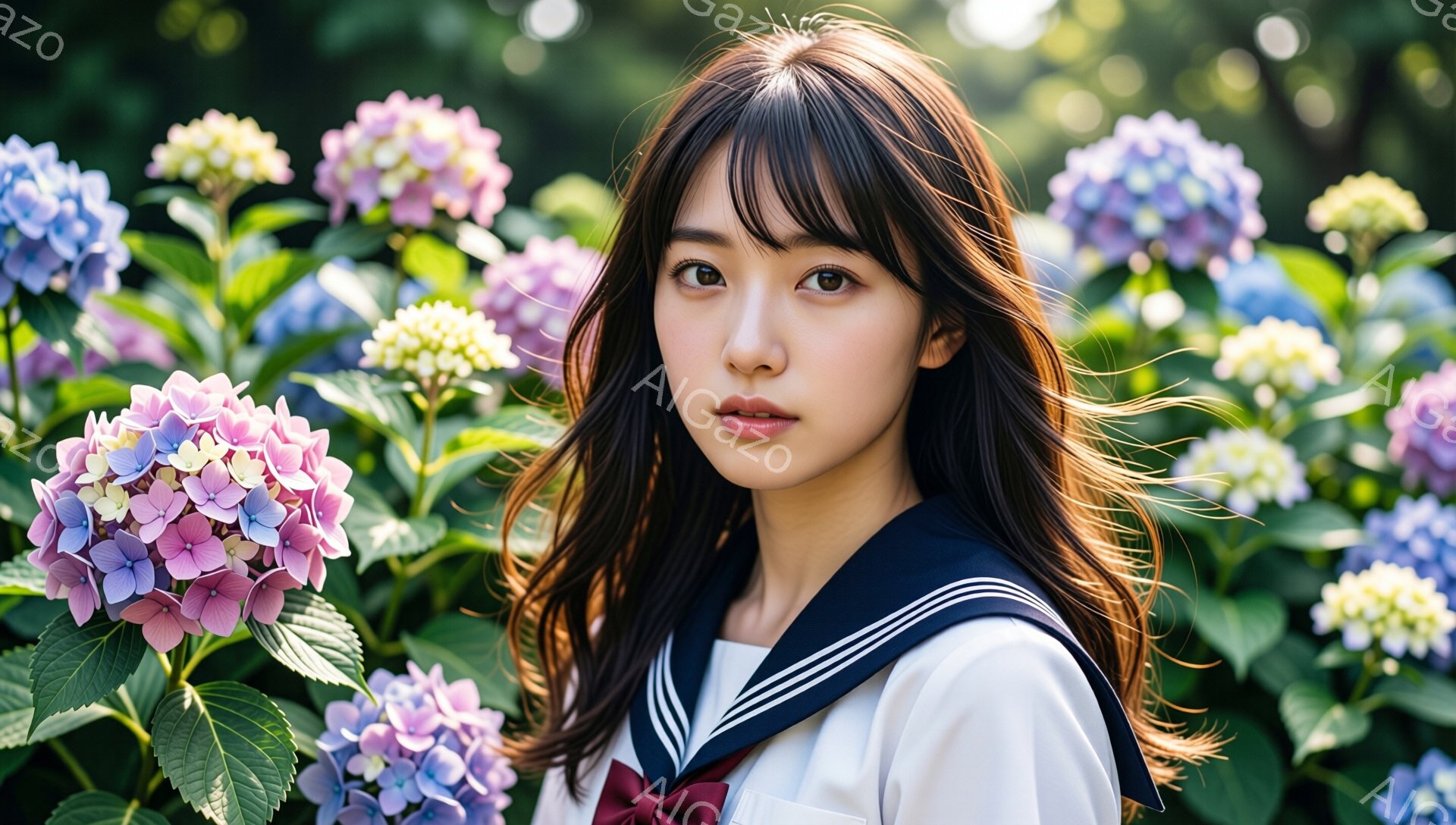 明るい紫陽花の背景に、紺色のセーラー服を着た若い女性が写っています。彼女は長いダークブラウンの髪をサイドに流し、控えめな笑顔を浮かべています。背景には、さまざまな色合いの紫陽花が咲き乱れ、柔らかく暖かい雰囲気を醸し出しています。