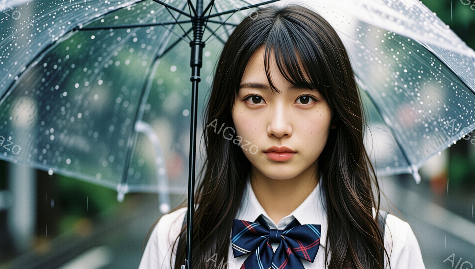長い黒髪を無造作に垂らし、白いシャツに紺と白のチェックのネクタイを締めた若い女性が写っている。雨粒が彼女の顔と透明な傘に降り注ぎ、彼女はまっすぐカメラを見つめ、少し憂いを帯びた表情をしている。背景はぼやけており、雨の日の街並みの一部が見え、全体的に少し寂しげで内省的な雰囲気を醸し出している。