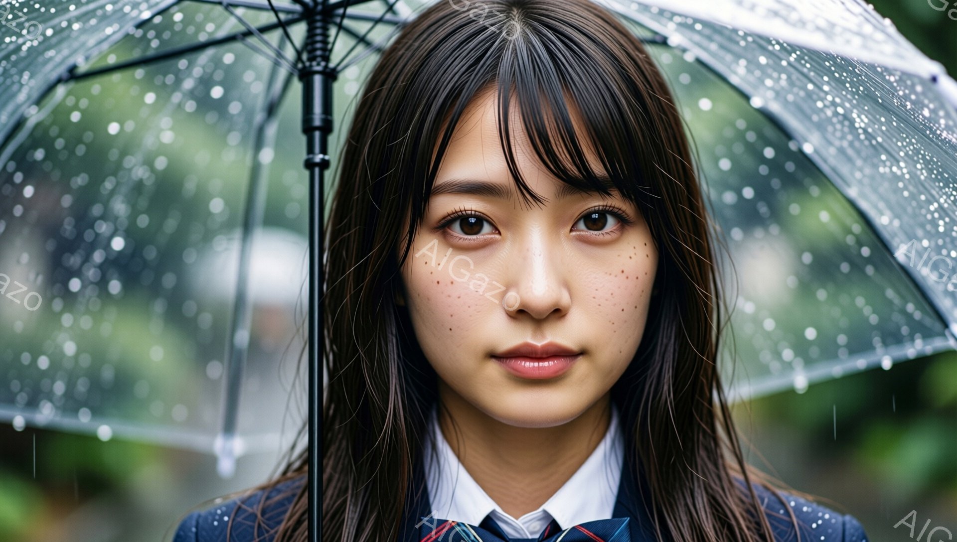 少女は雨の中、透明な傘を手にこちらを見つめています。紺色のブレザーにチェックのネクタイを締め、濡れた髪は顔の輪郭に沿って落ちています。背景には緑豊かな自然がぼやけて見え、雨粒が傘の上で輝き、少し物憂げな雰囲気を醸し出しています。