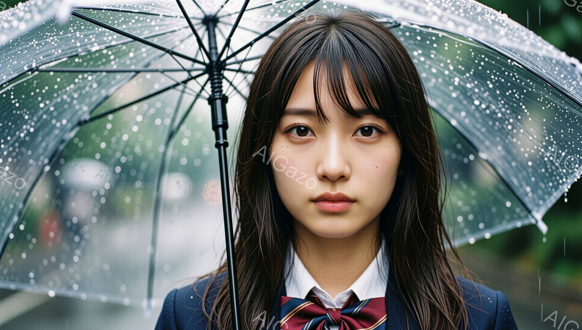 長い黒髪の女性が、透明な傘を手に、雨の中をまっすぐ見つめています。紺色のブレザーに赤いチェックのネクタイという制服姿で、少し憂いを帯びた表情をしています。背景にはぼやけた建物と雨粒が見え、全体的にしっとりとした、物憂げな雰囲気が漂っています。