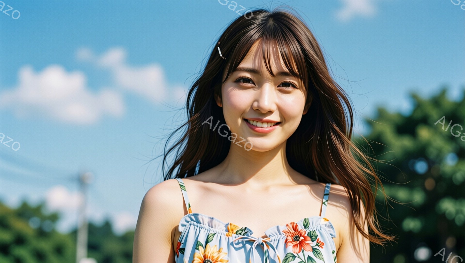 明るい笑顔を浮かべた若い女性が写っています。彼女は肩出しのフラワープリントのワンピースを着ており、長い茶色の髪は肩にかかるように自然に流れています。背景には緑豊かな木々と青空が広がり、晴れた日の穏やか - AI生成フリー素材