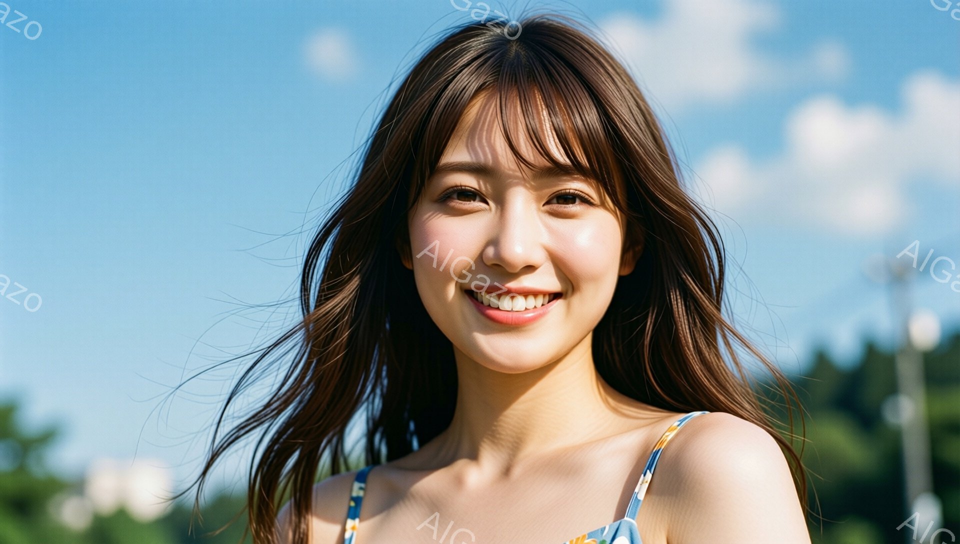 長い茶色の髪を風になびかせ、白い歯を見せて明るく微笑む若い女性が写っている。彼女は肩を露出した花柄のキャミソールを着ており、背景には緑豊かな木々と青空が広がり、暖かい夏の日のような雰囲気を感じさせる。 - AI生成フリー素材