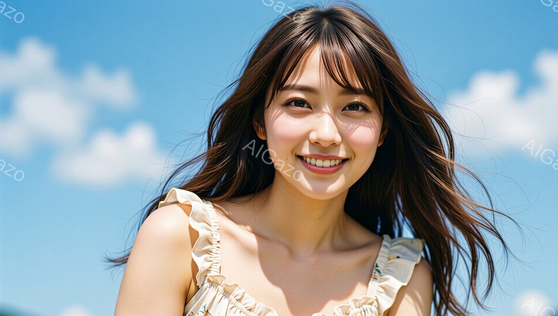 長い茶色の髪が風になびき、白い花柄のオフショルダーのトップスを着た女性が写っている。彼女は明るい笑顔でカメラを見つめ、健康的で若々しい印象を与える。背景は青空と白い雲で、自然の中でリラックスした雰囲気が漂っている。