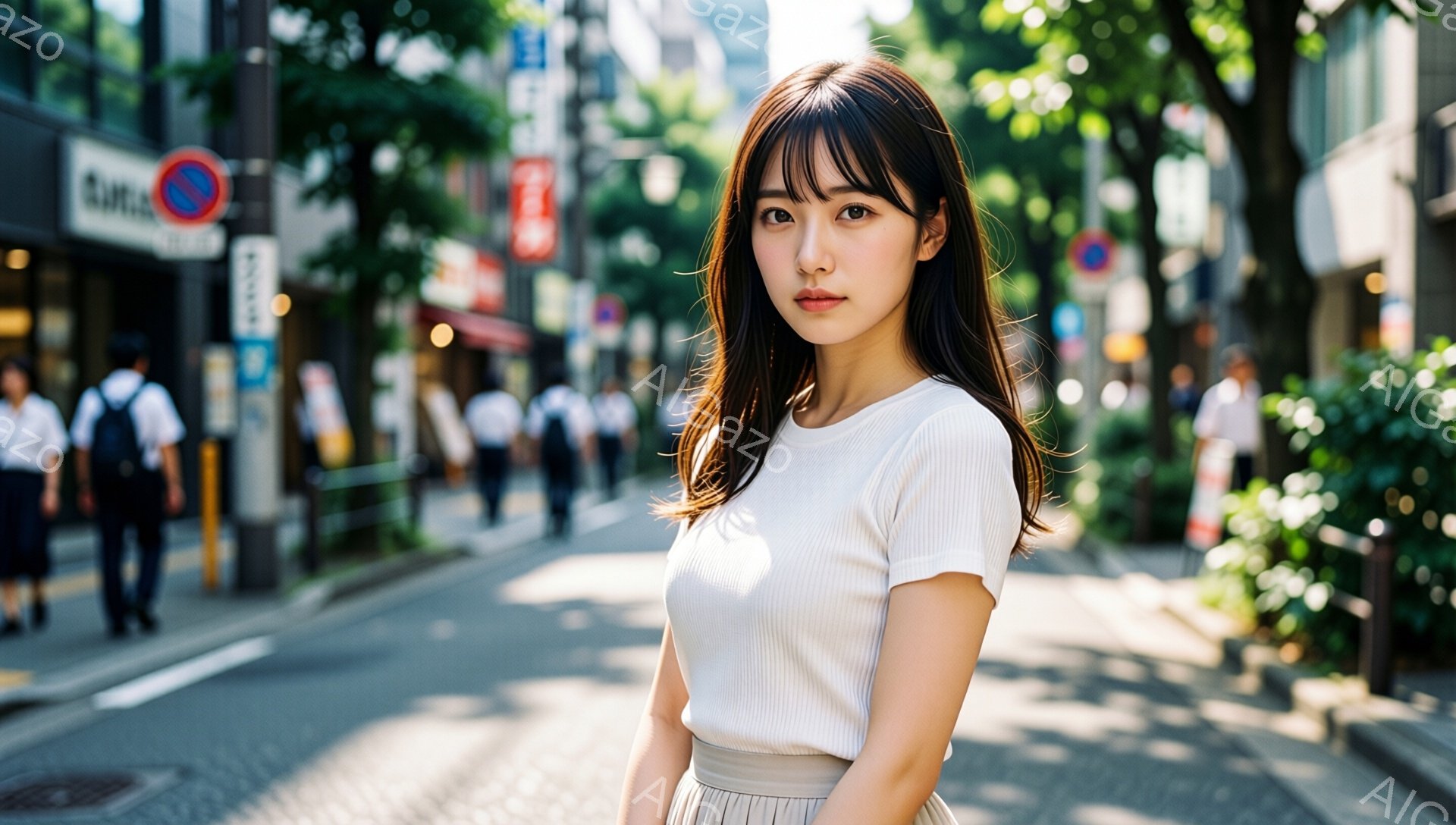 若い女性が道路の真ん中に立っており、白いリブニットとベージュのスカートを着用しています。彼女はカメラに向かって微笑んでおり、長く艶やかな黒髪が肩にかかっています。背景には、学校制服を着た生徒たちが歩き、木々が生い茂り、晴れた日の賑やかな都市の風景が広がっています。