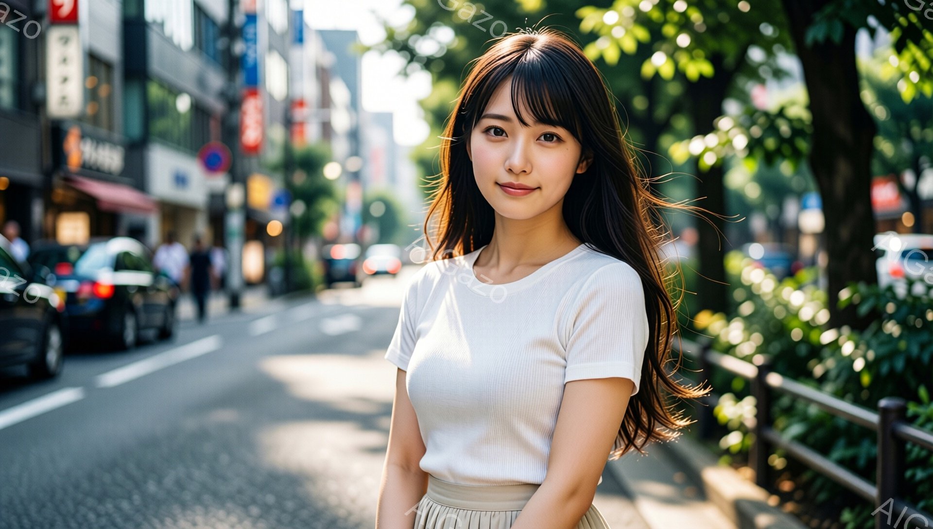 長い黒髪で前髪のある女性が、クリーム色のTシャツとスカートを身につけて立っています。彼女は穏やかな微笑みを浮かべ、カメラの方を見ています。背景には、緑豊かな木々が並ぶ道路と、ぼやけた建物や車が見え、晴れた日の穏やかな雰囲気が感じられます。
