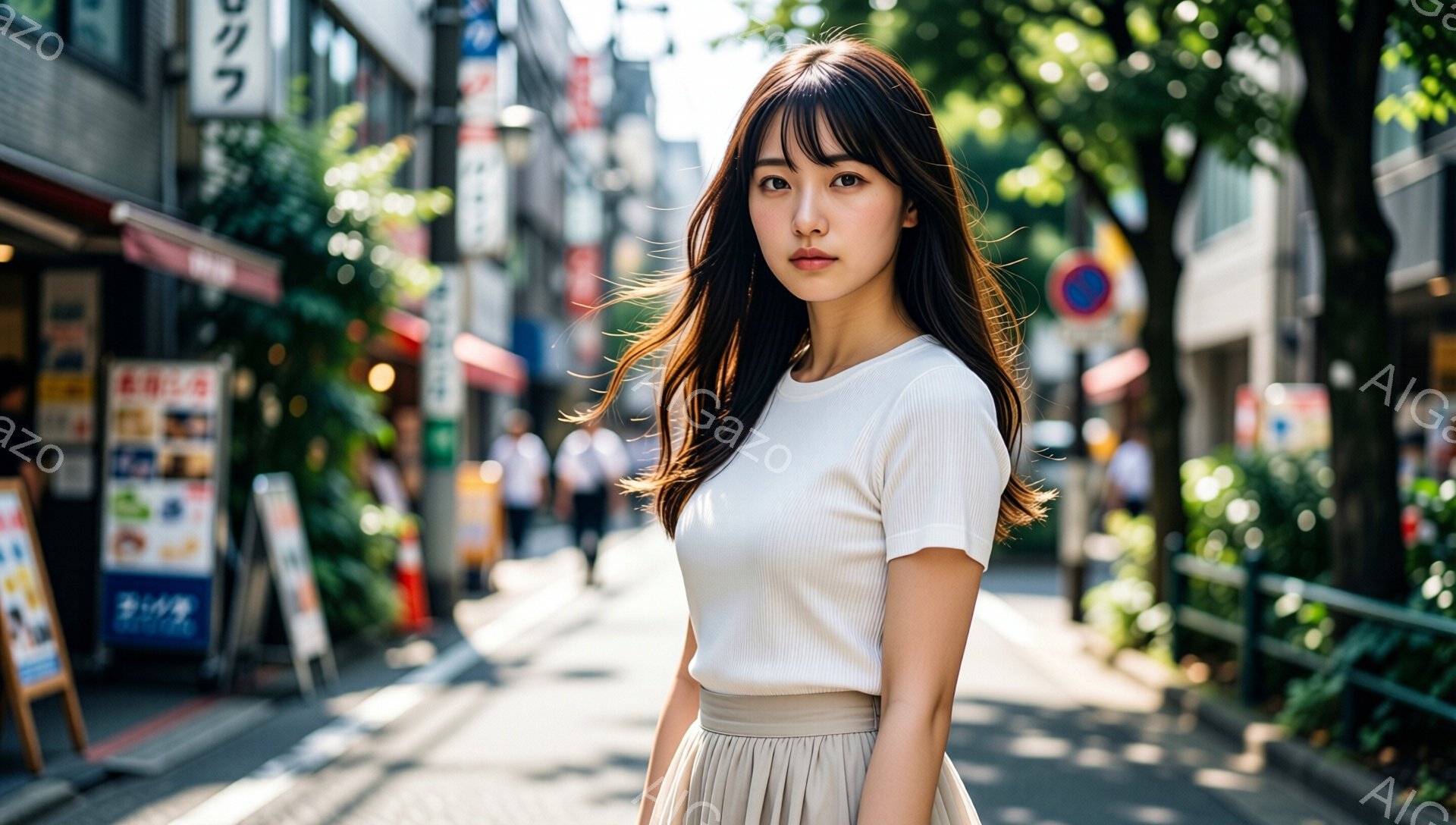 画像には、薄茶色のTシャツとスカートを身に着けた若い女性が写っています。彼女は長い髪を耳にかけるように流し、穏やかな表情でカメラを見つめています。背景には、商店や建物が並ぶ賑やかな通りが広がり、木々の緑がアクセントとなっています。