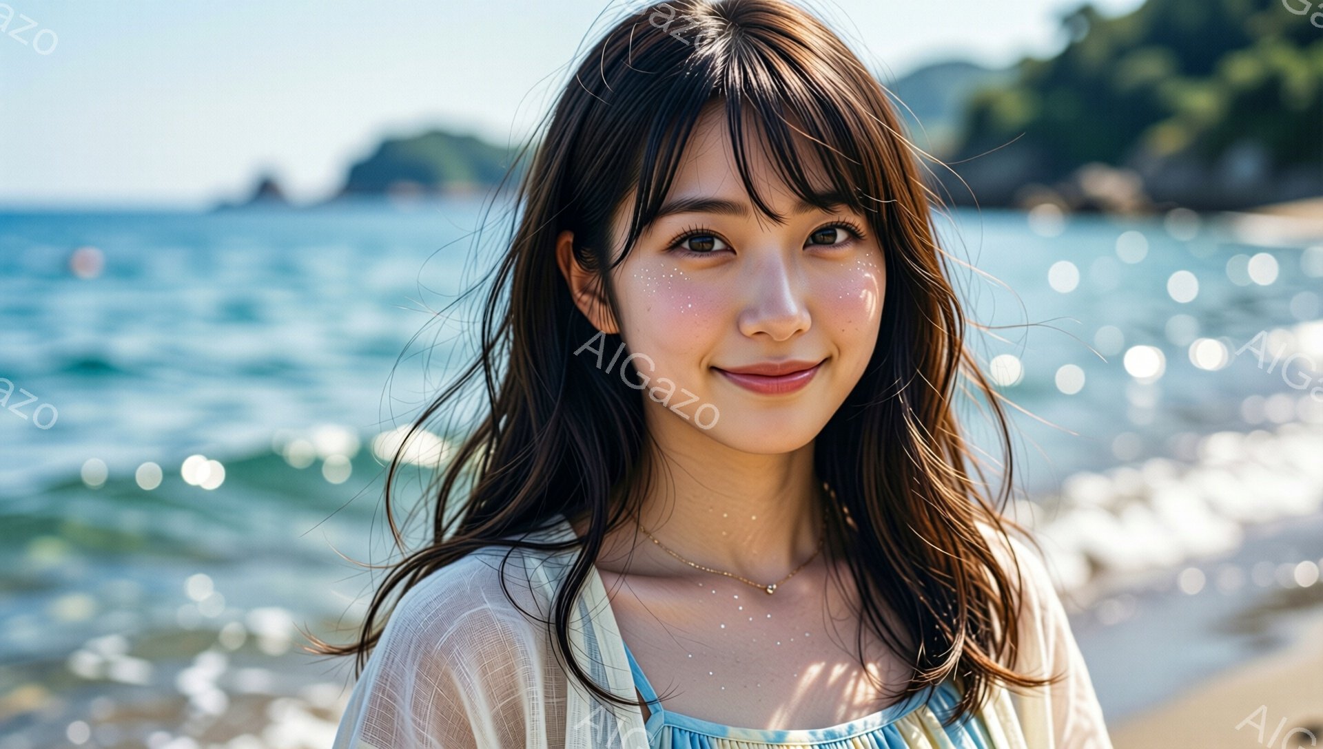 砂浜を背景に、茶色の髪の女性が写っている。彼女は肩までかかるウェーブのかかった髪を持ち、目の上にキラキラしたメイクをしている。薄いブルーの服を着ており、わずかに微笑んでおり、穏やかでリラックスした雰囲 - AI生成フリー素材