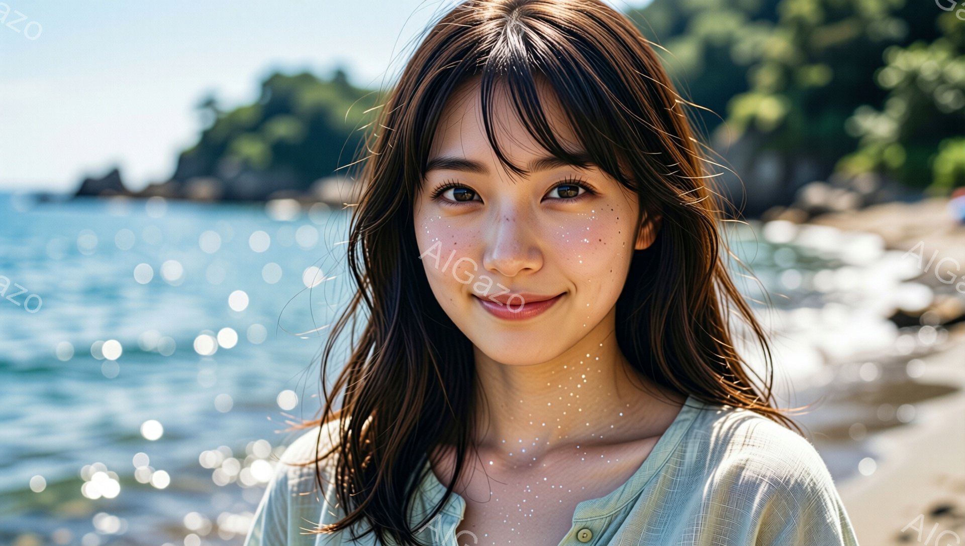 彼女は明るい緑色のボタンダウンシャツを着ており、ゆるいウェーブのかかった長い髪は肩にかかっています。笑顔でカメラを見つめ、頬には小さなそばかすがあります。背景には青い海と緑豊かな丘が見え、光が海面でキラキラと輝き、爽やかで心地よい雰囲気を作り出しています。