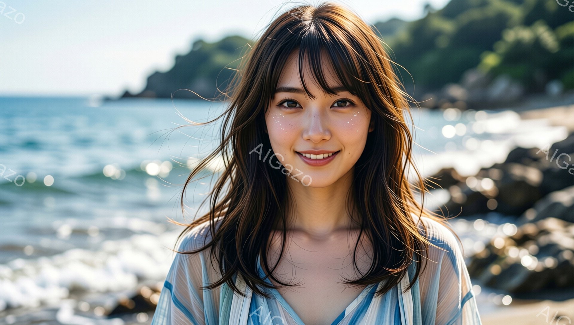長い茶色の髪を無造作に肩にかけ、キラキラとしたアイシャドウが印象的な若い女性が写っている。彼女は白い水玉模様の薄手のシャツを着ており、穏やかな笑顔を浮かべている。背景には青い海と岩場が広がり、晴れた日の穏やかな雰囲気が漂っている。