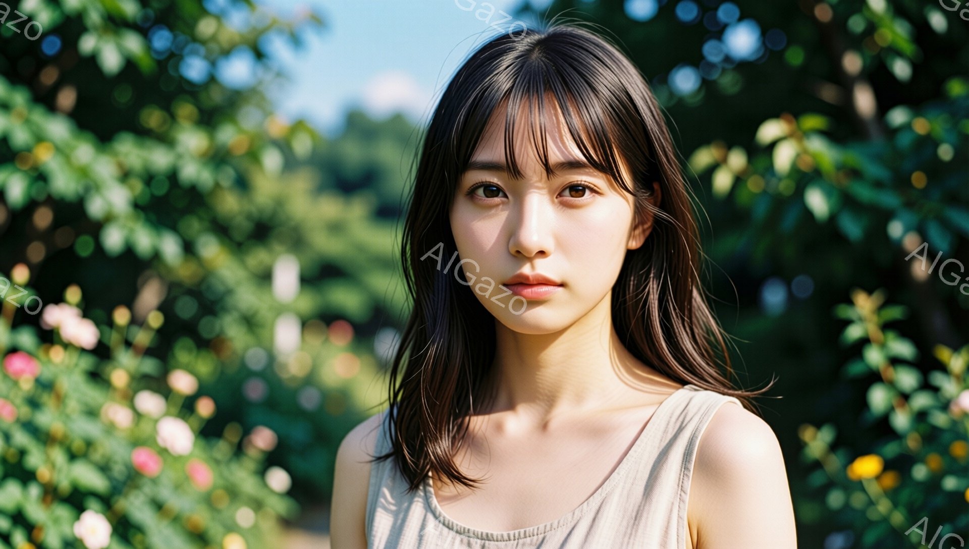 長い黒髪で、前髪が眉毛にかかるようにカットされた若い女性が写っている。ベージュ色のキャミソールを着ており、表情は穏やかで、わずかに微笑んでいるように見える。背景には緑豊かな植物や花がぼやけており、春か - AI生成フリー素材