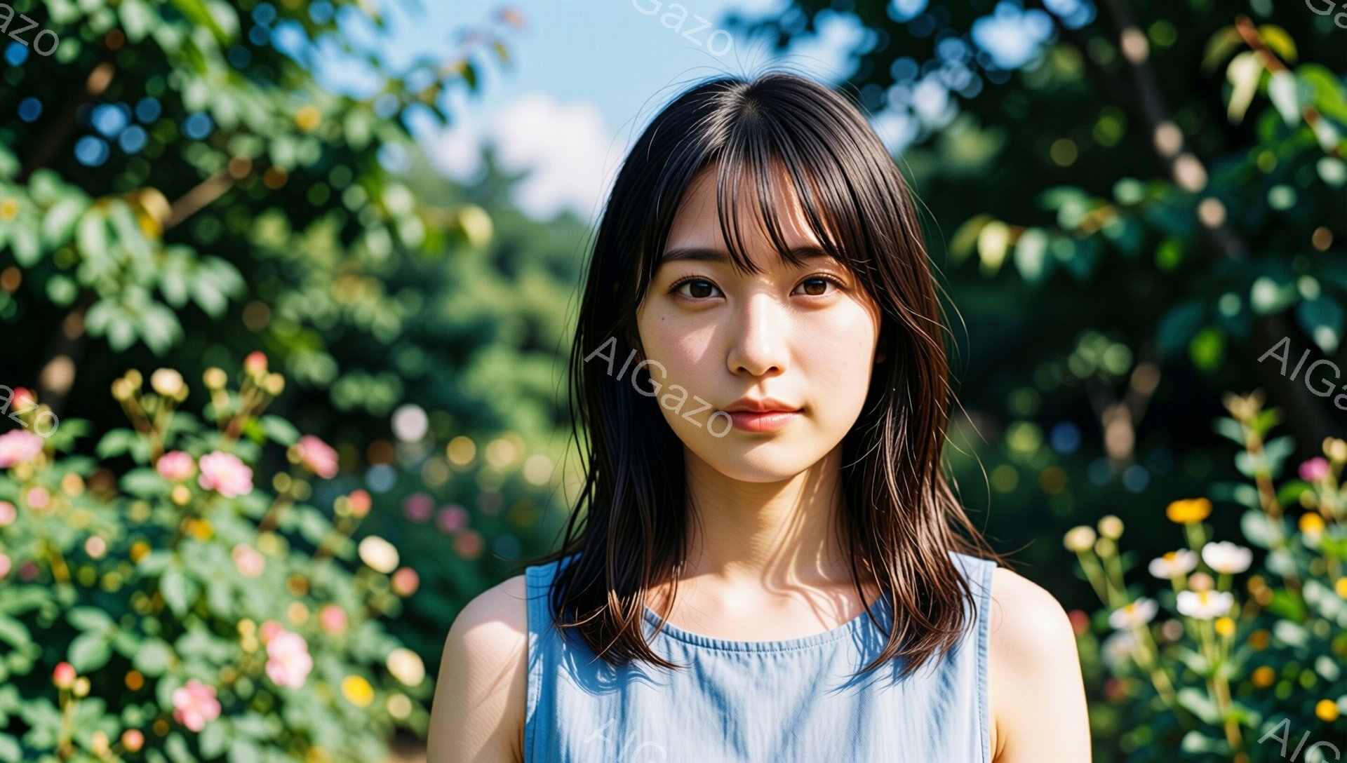 若い女性が、花が咲き乱れる庭を背景に正面を向いて立っている。彼女は肩出しの青いトップスを着ており、黒髪を肩の長さでストレートにしている。表情は穏やかで、控えめな微笑みを浮かべているように見える。