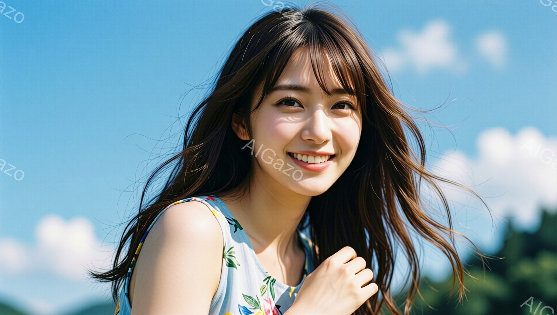 長い茶色の髪が風になびき、白い花柄のキャミソールを着た若い女性がこちらを見つめて微笑んでいます。彼女は両腕を前に出して、自然な笑顔を浮かべており、背景には緑豊かな植物と晴れた青空が広がっています。全体的に、明るく爽やかな雰囲気で、夏の日の穏やかな情景が感じられます。