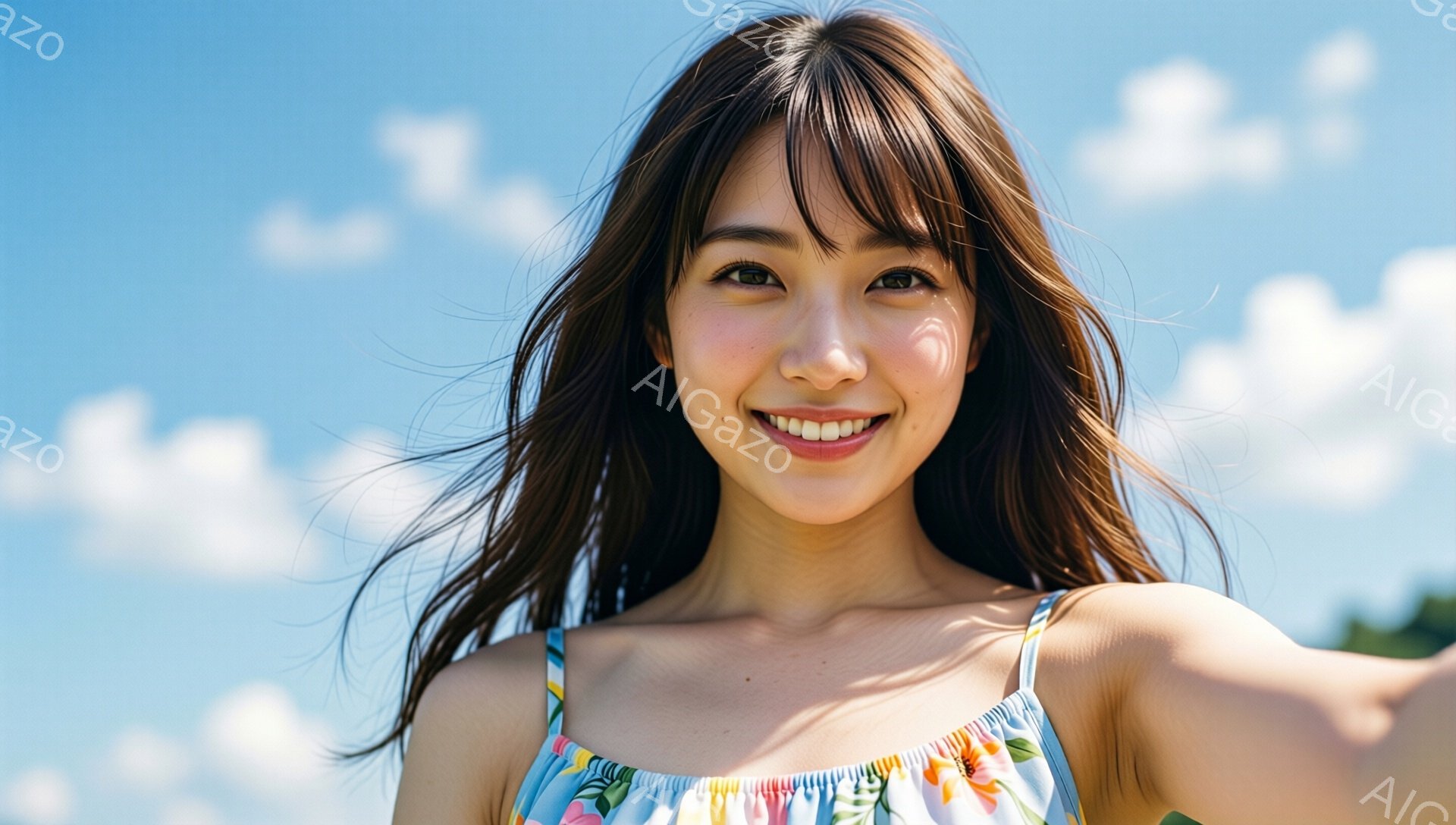 長い茶色の髪をなびかせ、花柄のキャミソールを着た女性が写っています。彼女は満面の笑みを浮かべ、カメラに向かって顔を近づけています。背景は青空と白い雲で、夏の晴れた日の穏やかな雰囲気が伝わってきます。 - AI生成フリー素材