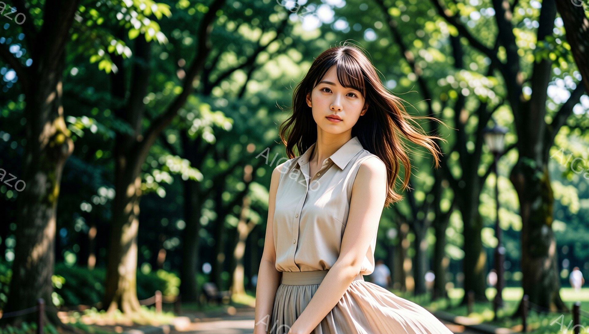 若い女性が公園の道で立っており、ベージュのシャツとスカートを身につけています。彼女は長い茶色の髪を風になびかせ、少し微笑んだ表情でカメラを見つめています。背景には緑豊かな木々と遊歩道が広がり、晴れた日の穏やかな雰囲気が漂っています。