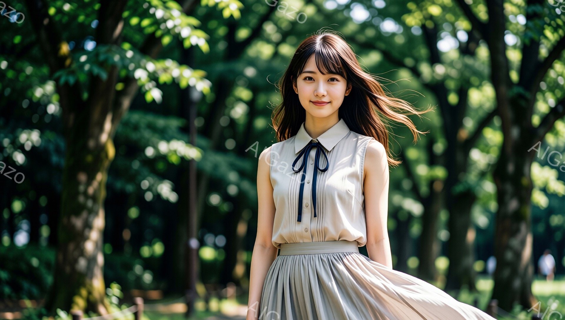 明るい緑の背景の中で、ベージュのブラウスとスカートを身につけた若い女性が写っている。彼女は少し微笑んでおり、風になびく長い髪が印象的だ。背景には木々が生い茂り、晴天の下、自然の中でリラックスした雰囲気 - AI生成フリー素材