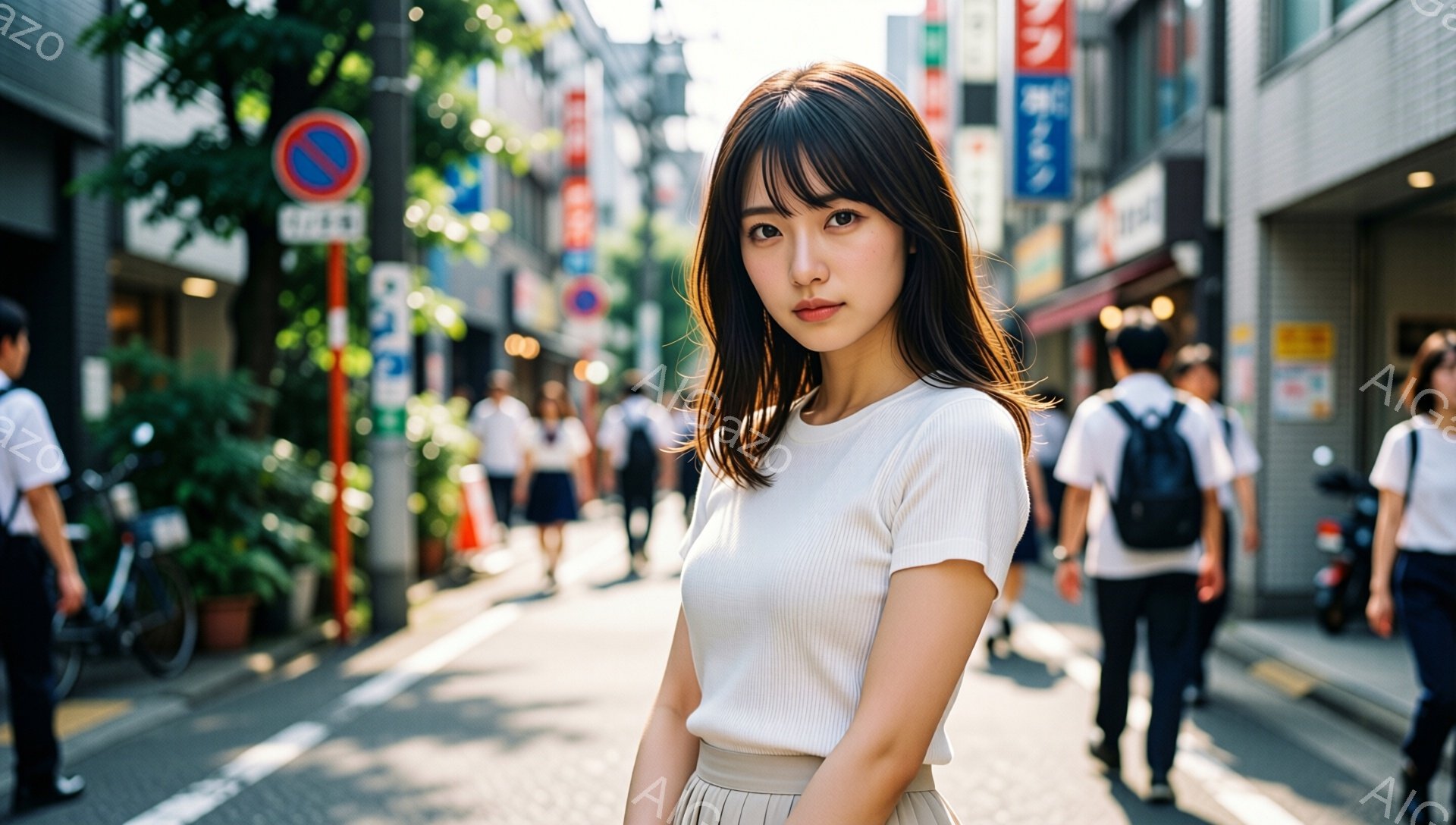 若い女性がカメラに向かって少し微笑んでいます。彼女は白いTシャツとベージュのスカートを身に着け、肩まで届くストレートの黒髪で、前髪が目にかかっています。背景には、賑やかな街並み、歩行者、そして高い建物 - AI生成フリー素材