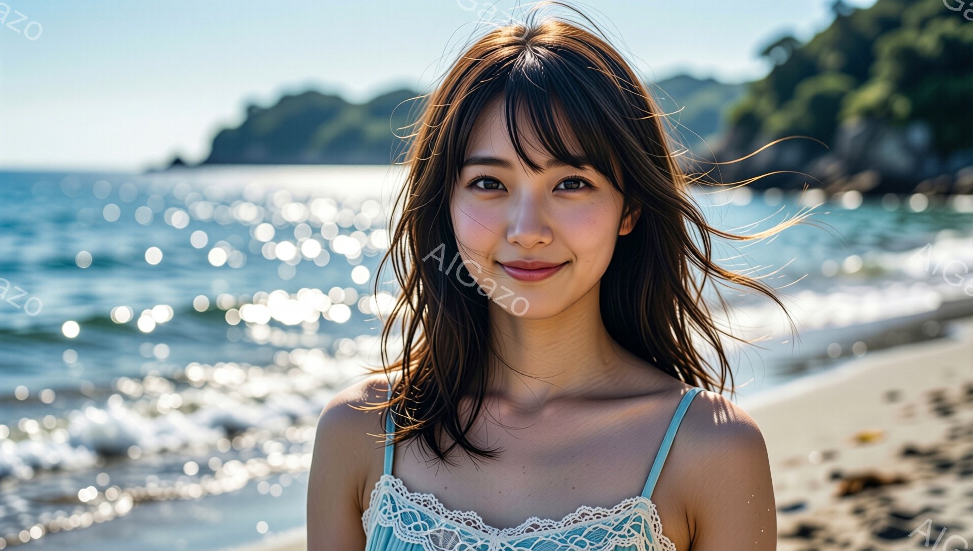 茶髪の女性が、レースのトリムが施された淡い水色のキャミソールを着て、海岸で微笑んでいます。彼女の髪は肩までの長さで、少し無造作に波打っています。背景には、明るい日差しが降り注ぐ青い海と、緑豊かな崖が見え、穏やかでリラックスした雰囲気が漂っています。