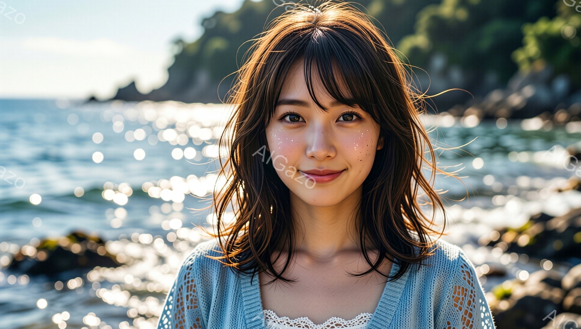 明るい日差しの下、そばかすが印象的な若い女性が写っている。彼女はレースが施された水色のニットカーディガンを羽織り、ゆるやかなウェーブのかかった髪型で、微笑みを浮かべている。背景には、太陽の光が反射してキラキラと輝く海と岩場が広がり、穏やかで爽やかな雰囲気を醸し出している。