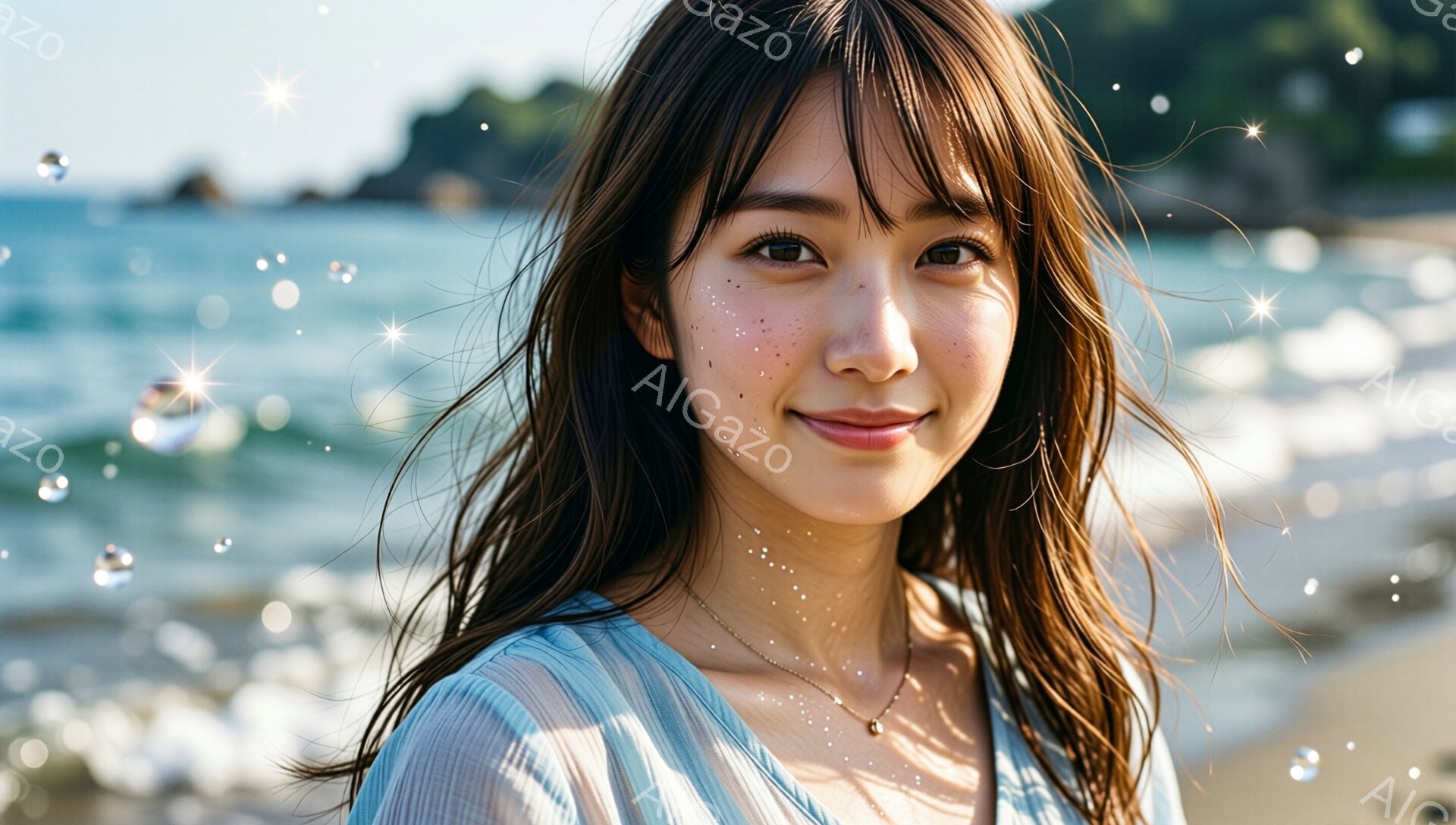 浅いブルーのブラウスを着た若い女性が、カメラに向かって微笑んでいます。彼女は長くダークブラウンの髪を持ち、額には小さなそばかすがあります。背景には穏やかな海と砂浜が広がり、水面には光の反射が散らばり、暖かく穏やかな雰囲気を醸し出しています。