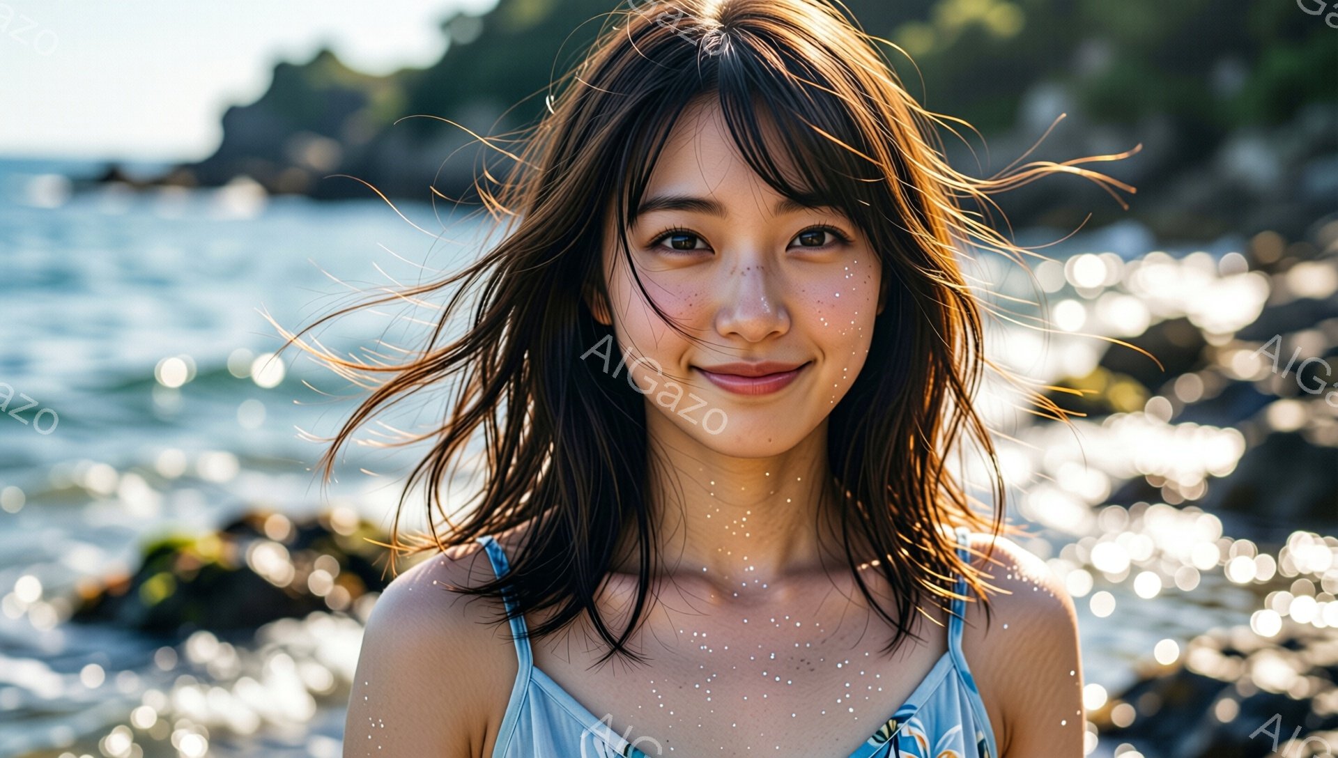 黒髪で、少し濡れた髪が風になびいている若い女性が写っています。水色のキャミソールを着て、顔には小さなそばかすがあり、穏やかな笑顔を浮かべています。背景には、太陽光が反射する海と岩場が見え、爽やかでリラックスした雰囲気が漂っています。