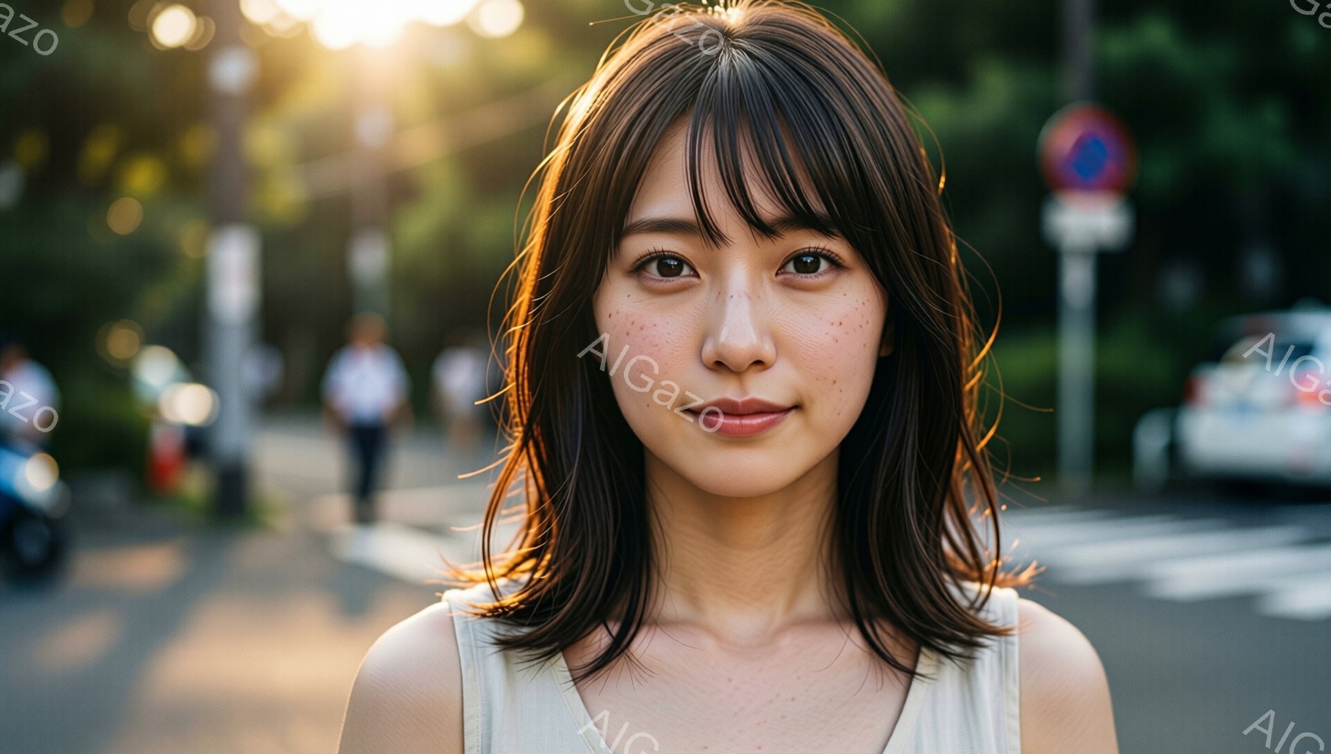 若い女性が正面を見据え、わずかに微笑んでいます。彼女は肩出しの白いトップスを着ており、前髪を少しカールさせたダークブラウンのミディアムヘアです。背景には横断歩道、歩行者、建物が見え、夕暮れ時の柔らかい光が全体を包んでいます。