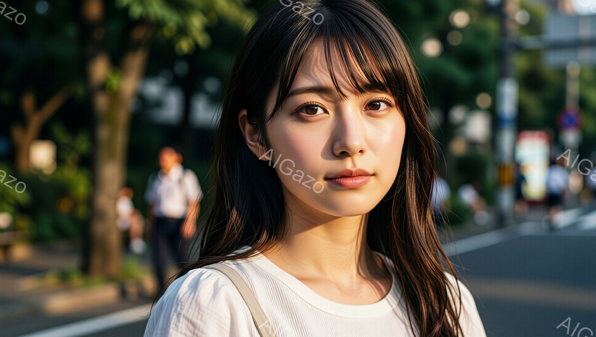 長い黒髪で、前髪が眉毛にかかる女性が写っています。白いシンプルなTシャツを着ており、少し微笑んでいる表情で、カメラの方を見つめています。背景には緑豊かな木々と、ぼやけた道路と建物があり、晴れた日の穏やかな雰囲気を感じさせます。