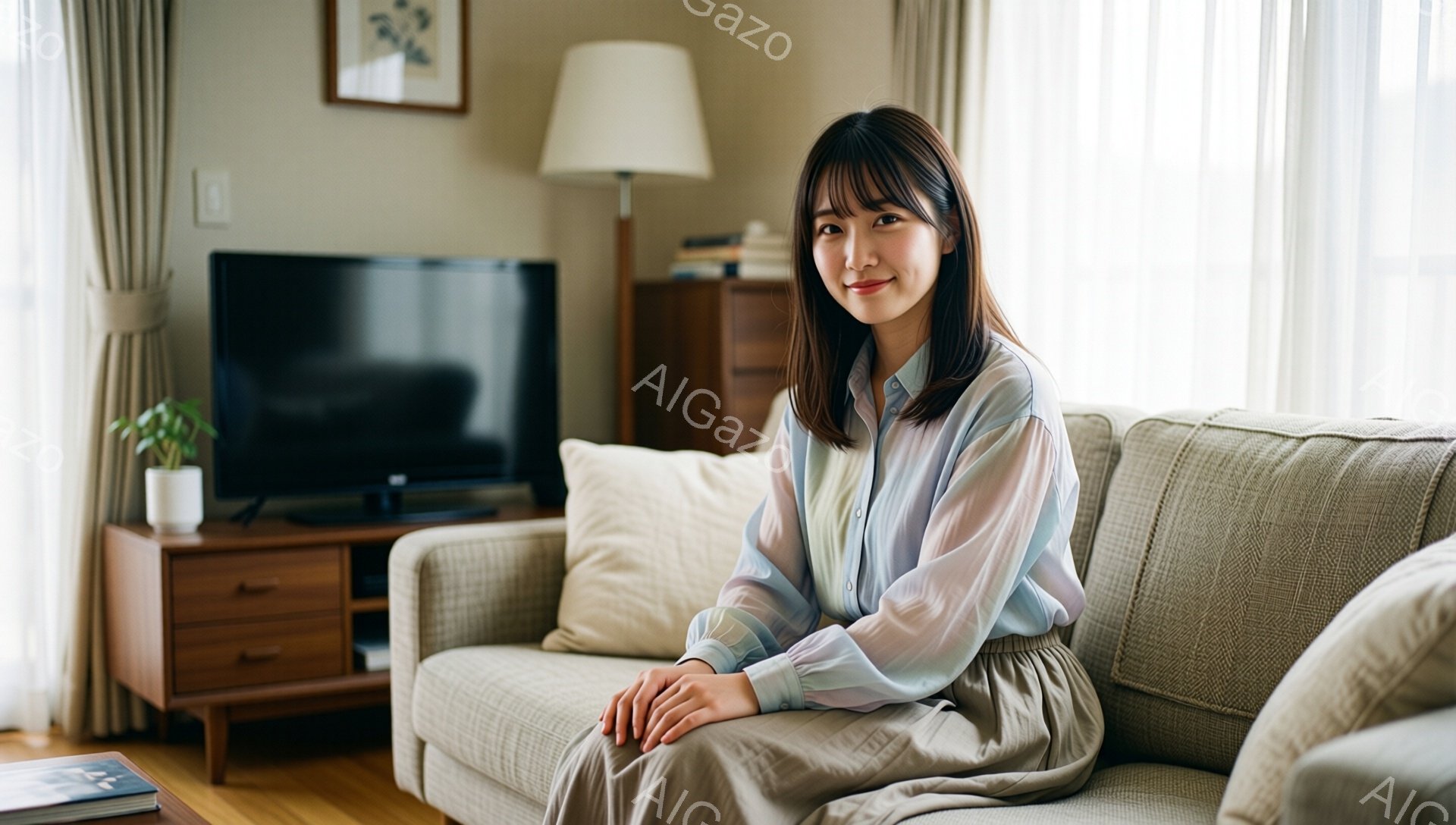 部屋のソファに座っている若い女性が写っています。彼女はペールブルーと白のシースルーブラウスにベージュのスカートを身につけ、前髪を下ろしたダークブラウンの髪が特徴的です。リラックスした笑顔で、膝を揃えて座っており、背景にはテレビ台、ランプ、カーテンが見え、明るく穏やかな家庭的な雰囲気が漂っています。