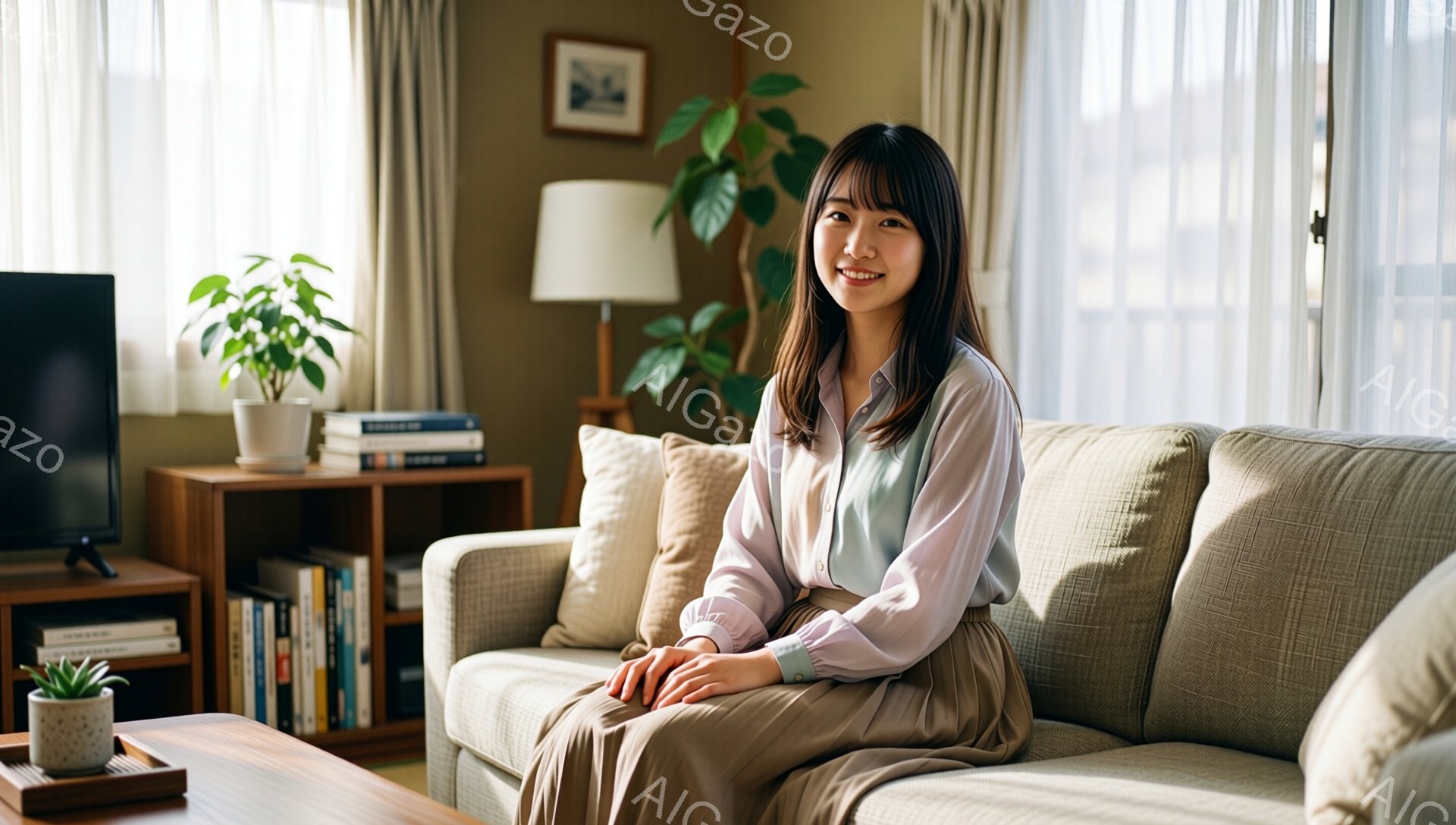 明るいリビングルームに座っている若い女性が写っています。彼女は水色のブラウスとベージュのスカートを着ており、髪は肩にかかるくらいの長さで前髪があります。顔には微笑みが浮かび、リラックスした雰囲気です。 - AI生成フリー素材