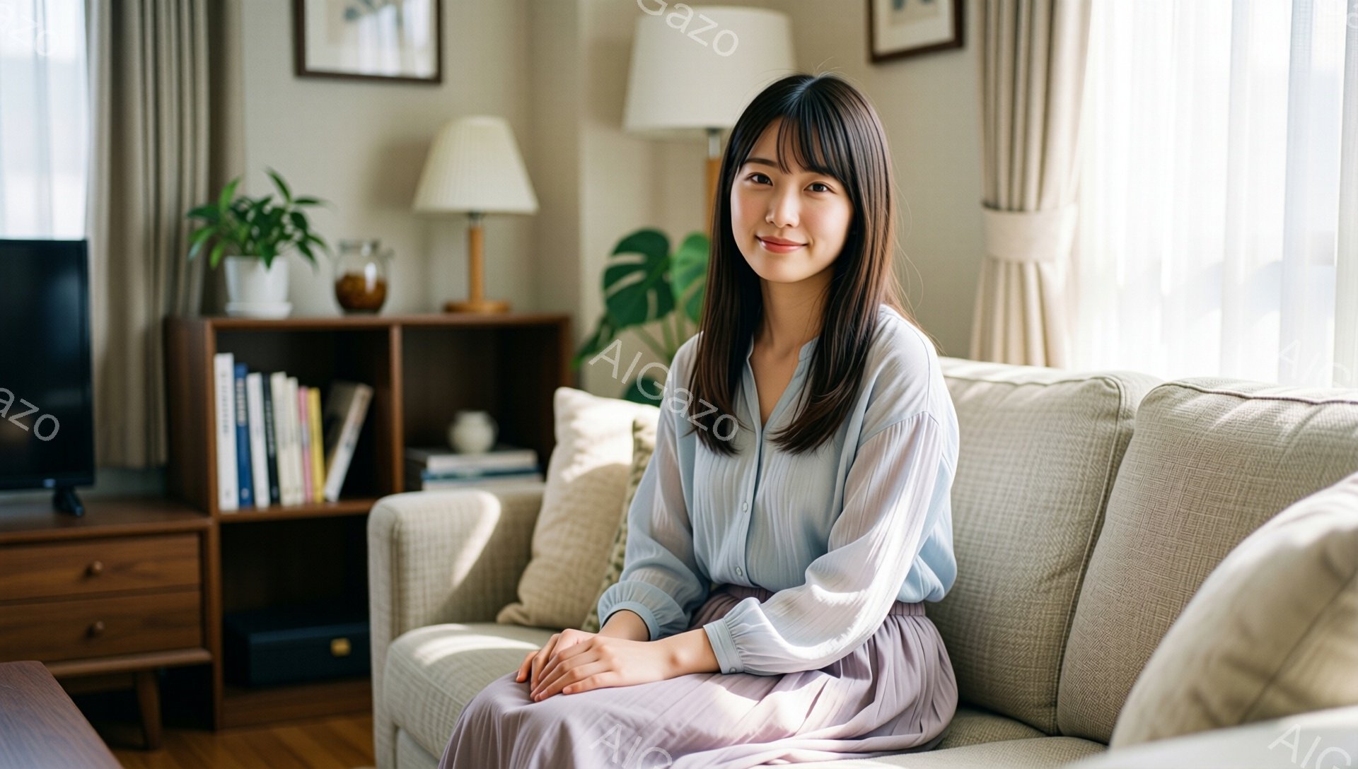 画像には、明るいリビングルームのソファに座っている若い女性が写っています。彼女は明るい青色のブラウスと、淡いラベンダー色のスカートを着用し、黒髪を肩の長さで切りそろえています。微笑みを浮かべ、リラックスした姿勢で座っており、背景には木製のキャビネットや植物、絵画が見えます。