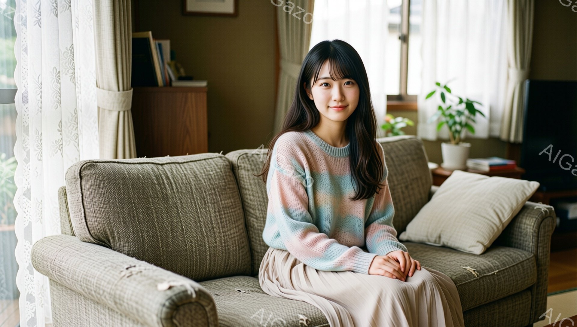 室内で、明るい表情の若い女性がソファーに座っています。彼女はパステルカラーのセーターとベージュのスカートを着ており、髪は肩まで伸びたダークブラウンで、少しカールしています。背景には、窓から差し込む光と、観葉植物や本棚などが見え、穏やかでリラックスした雰囲気が漂っています。