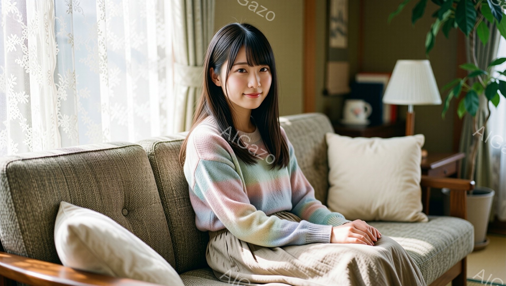 長い茶色の髪を持つ若い女性が、明るいベージュ色のソファに座っています。彼女は、ピンク、水色、クリーム色のストライプのセーターを着ていて、穏やかな笑顔を浮かべています。背景には、レースのカーテン、木製のテーブル、そして緑の植物が見え、全体的に温かく、家庭的な雰囲気です。