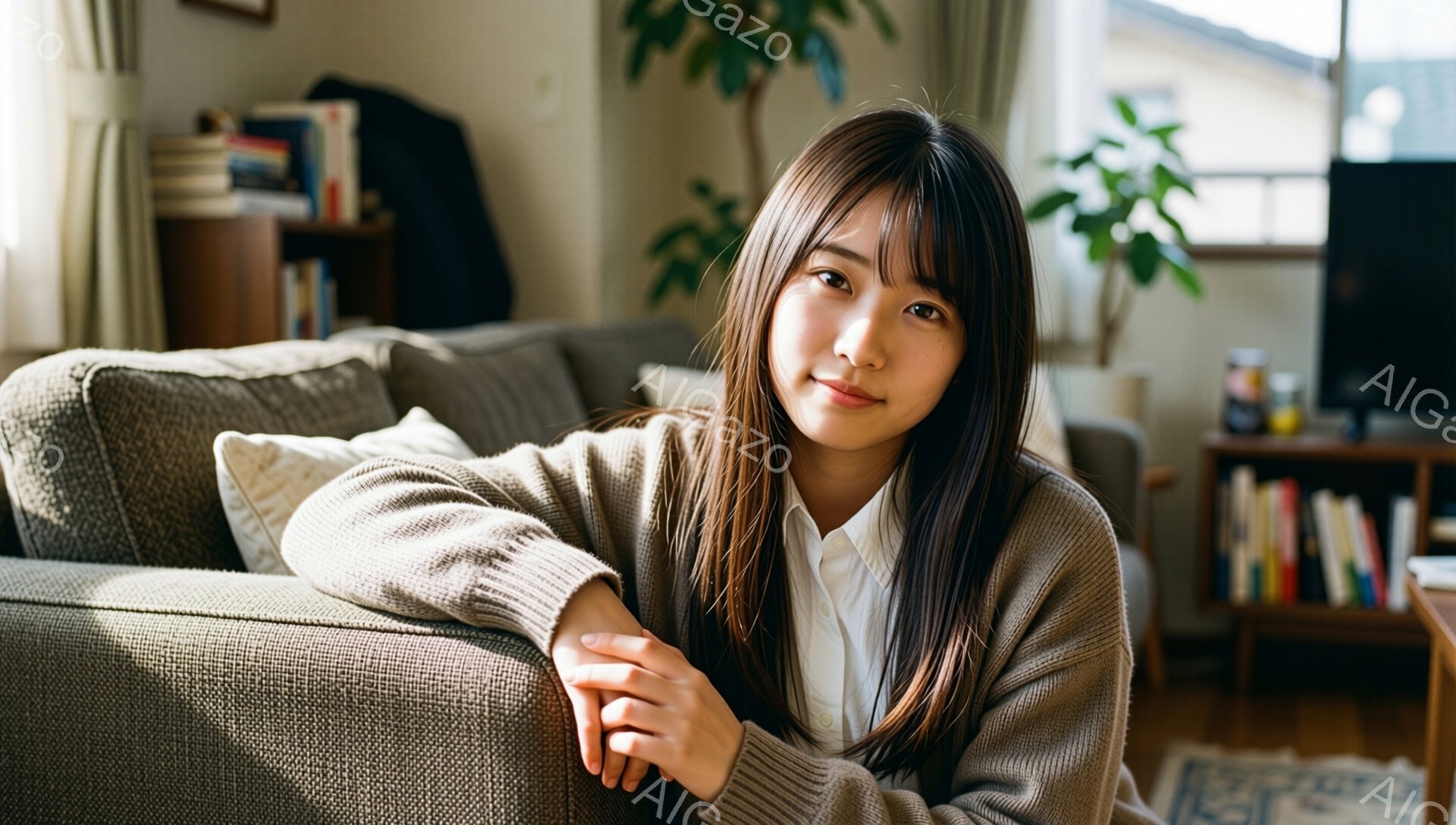 明るいリビングルームで、茶色の髪の女性がソファに横たわっています。白いシャツの上にベージュ色のニットカーディガンを着て、リラックスした表情でカメラを見ています。背景には本棚や植物が見え、穏やかで温かい - AI生成フリー素材