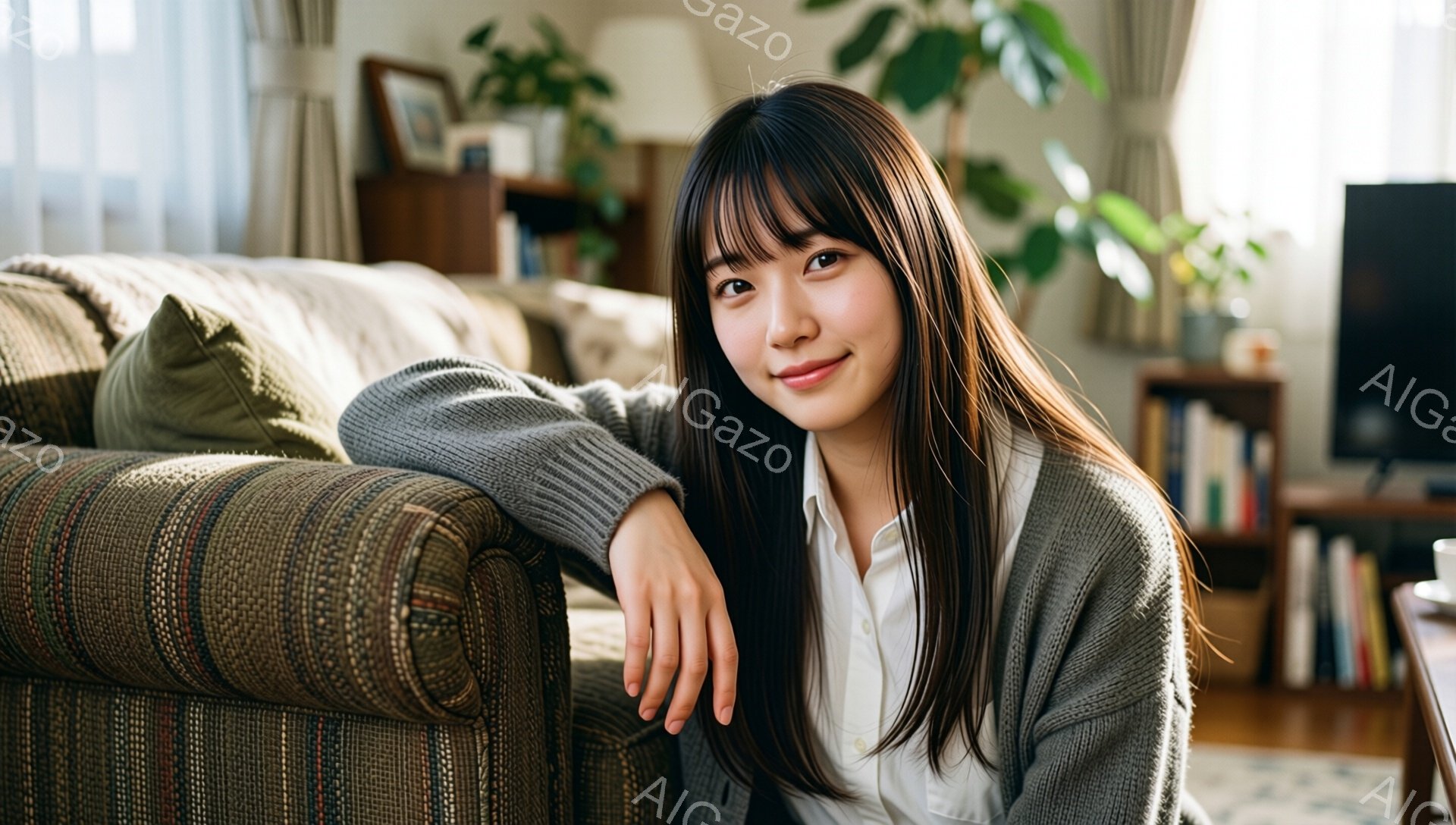 長い髪で前髪のある女性が、ベージュと茶色のストライプのソファにもたれかかって座っています。白いシャツの上にグレーのカーディガンを着ており、微笑んでいます。背景には本棚や植物が見え、温かく家庭的な雰囲気 - AI生成フリー素材