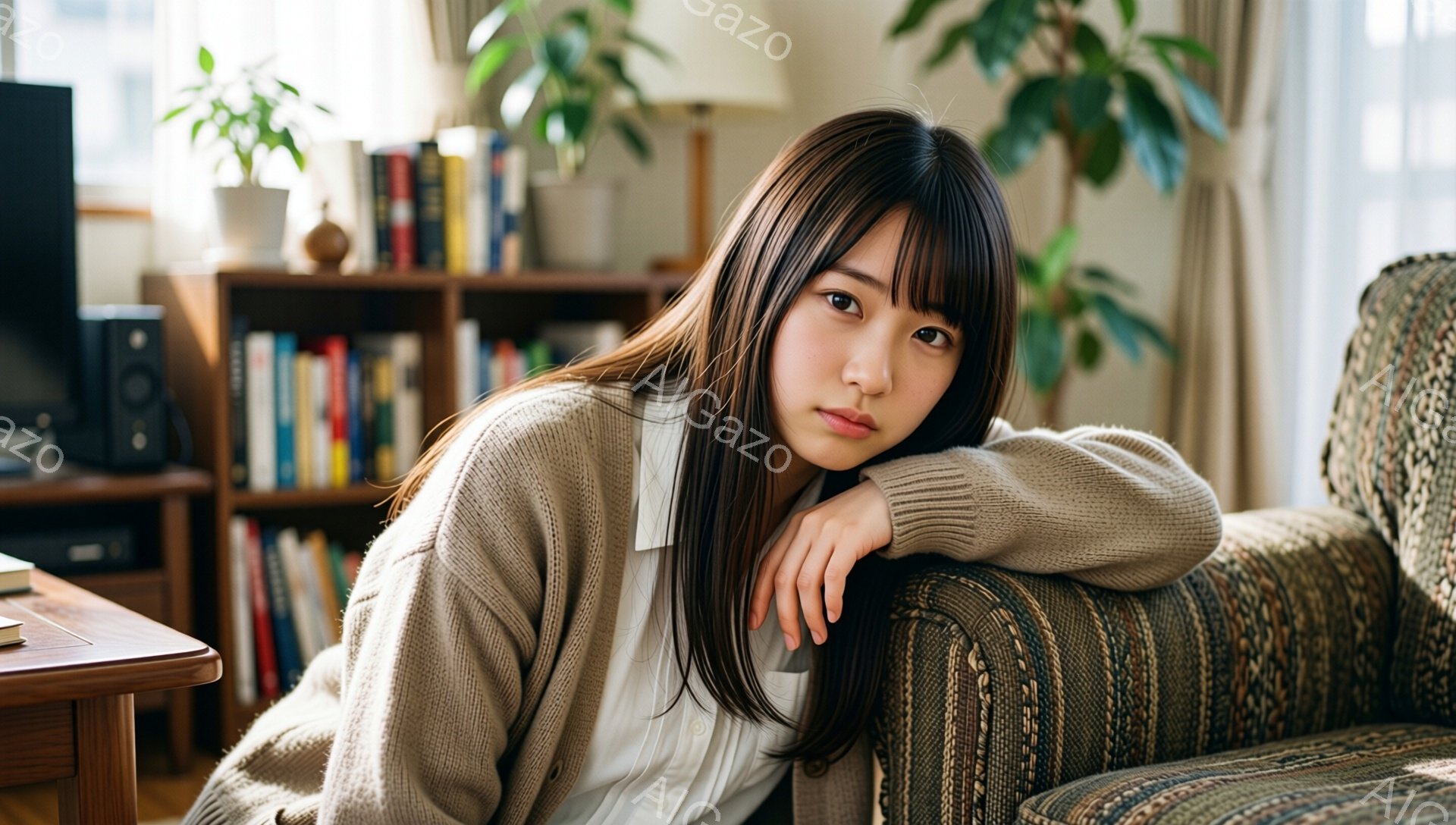 長いダークブラウンの髪で、前髪が目にかかる女性がソファに肘をついて座っている。ベージュのカーディガンを羽織り、白いインナーを着ている。背後には本棚があり、緑の植物がいくつか置かれ、居心地の良いリビングルームの雰囲気が出ている。