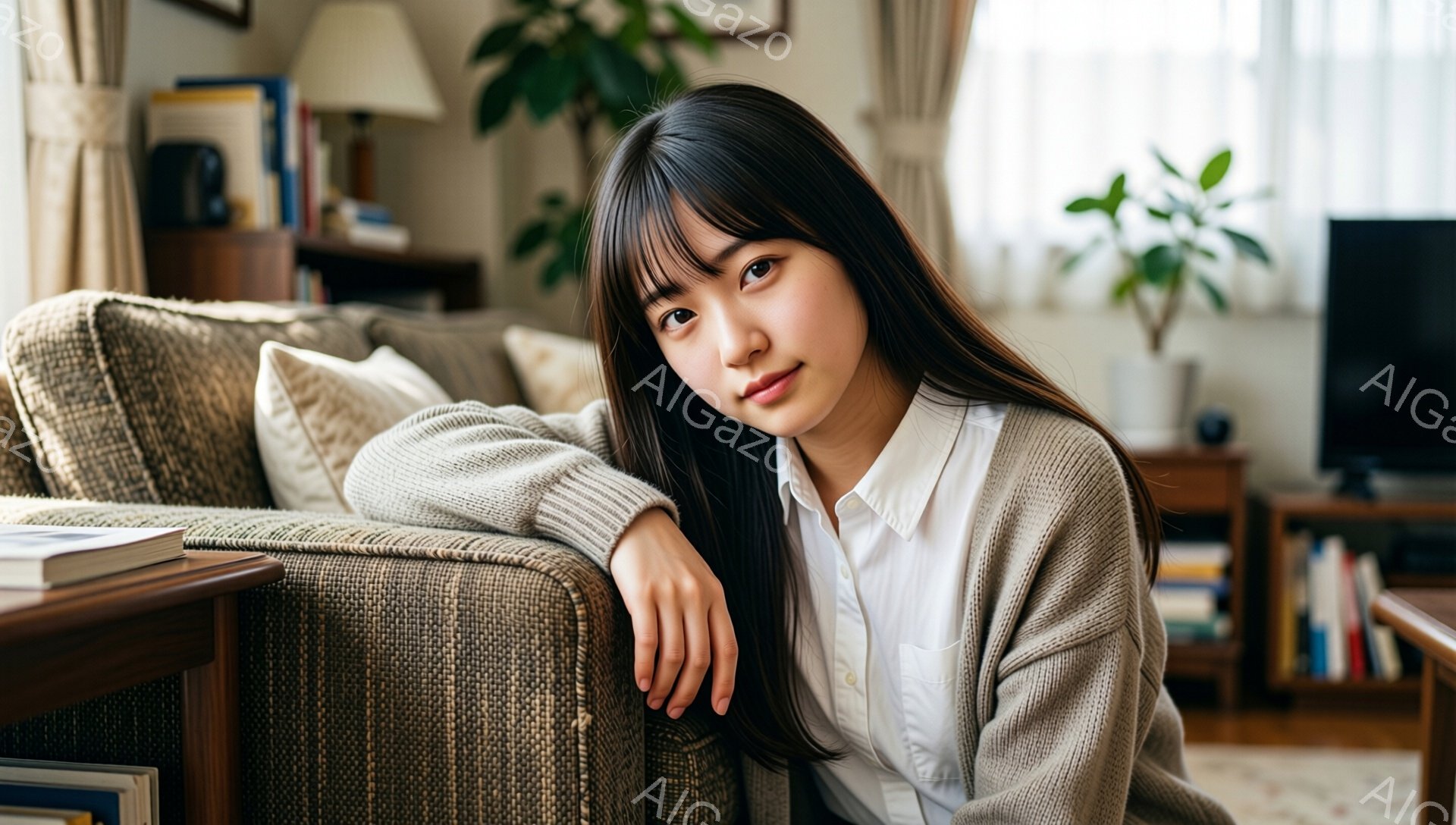 長い黒髪で、前髪は眉毛にかかる程度に切り揃えられた若い女性が、明るい色のソファの横に座ってこちらを見ている。オフホワイトのニットカーディガンと白いシャツを着ており、リラックスした表情で、わずかに微笑ん - AI生成フリー素材