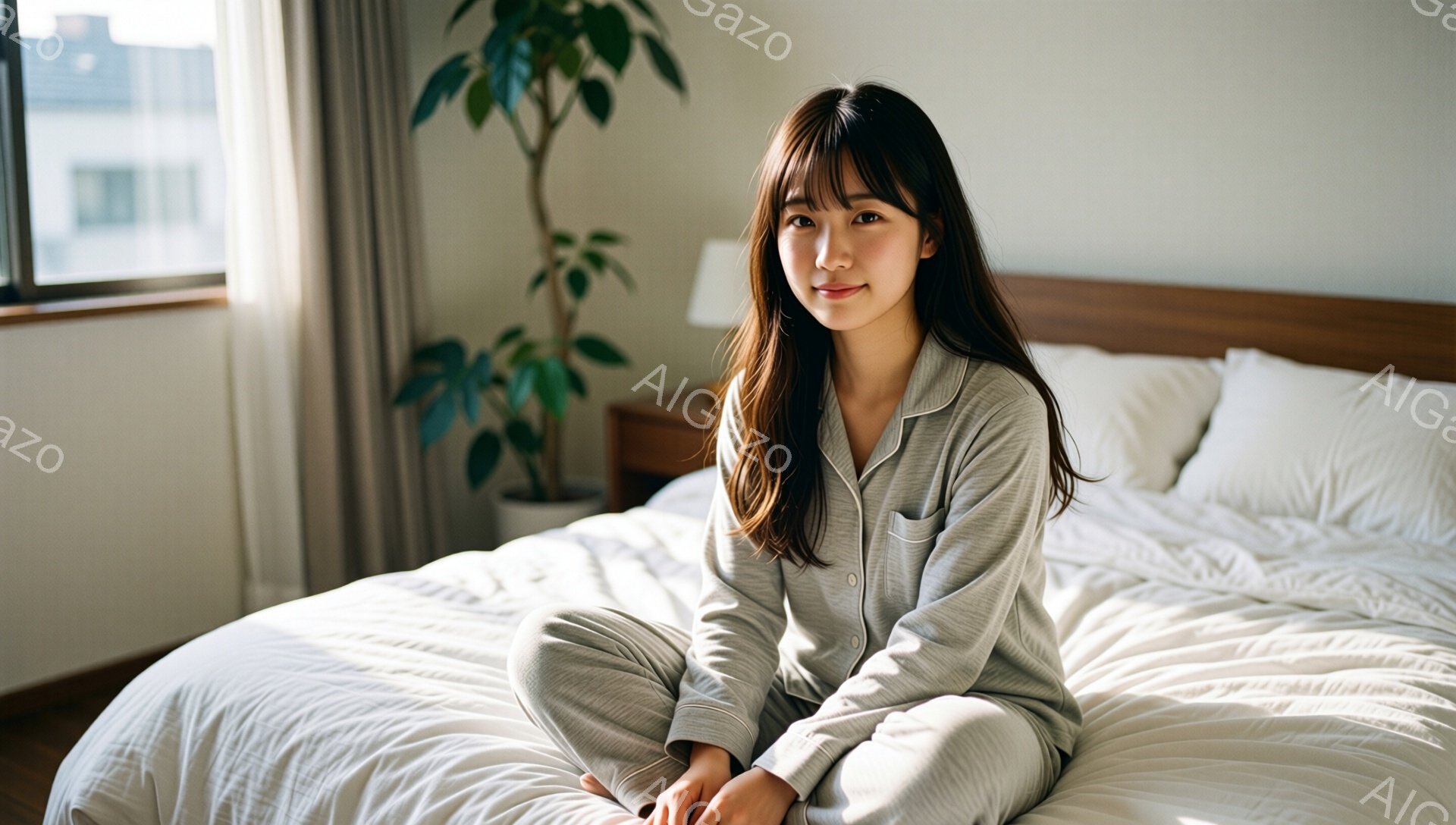 若い女性がベッドに座っており、グレーのパジャマセットを着用しています。彼女は長いダークブラウンの髪をしており、前髪が目にかかっています。明るい笑顔でカメラを見つめ、リラックスした雰囲気が漂っています。