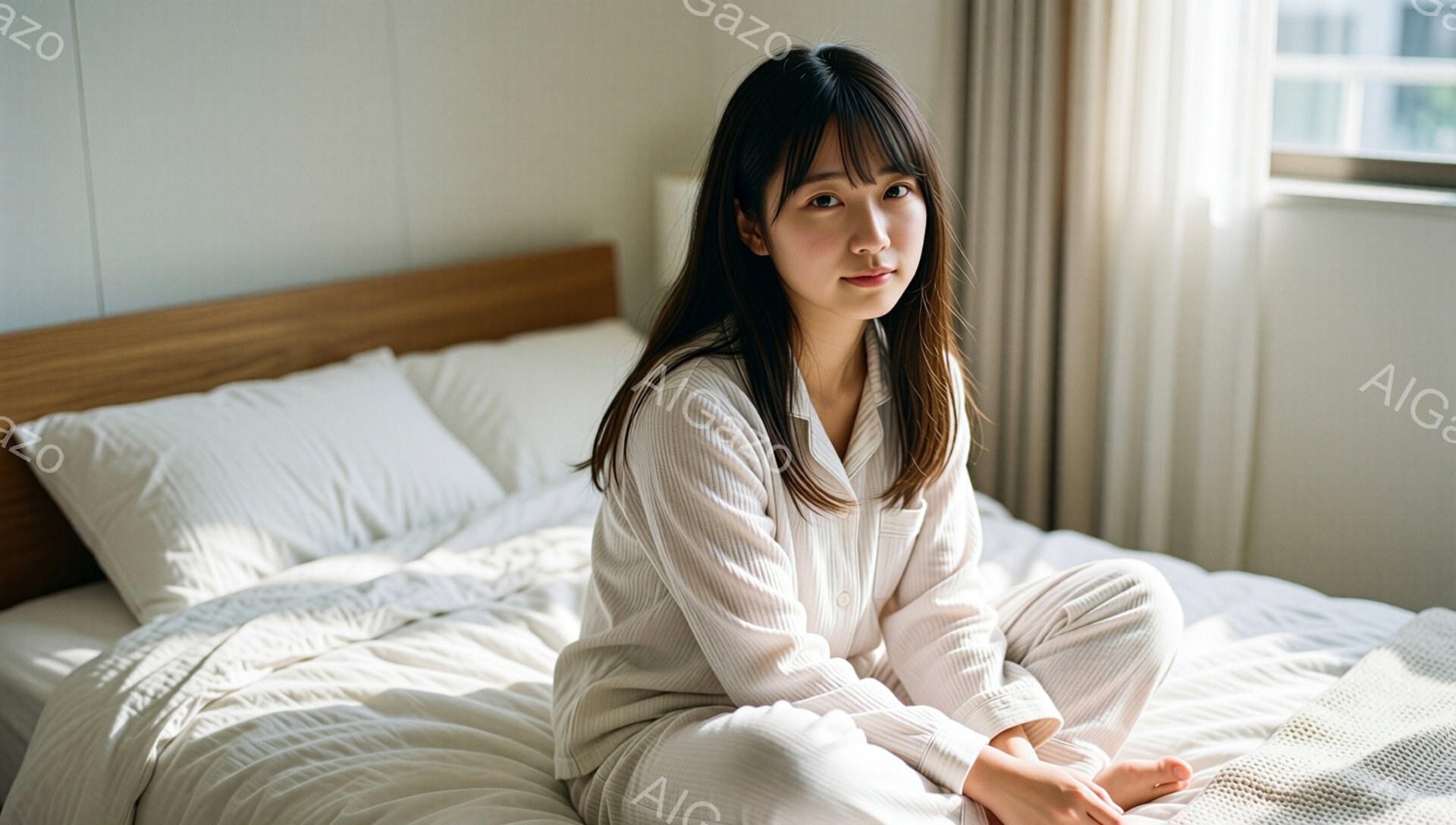 長い黒髪を肩にかける女性が、白いベッドの上に座ってこちらを見ています。彼女は薄いピンク色のシャツを着ており、落ち着いた表情をしています。背景はシンプルな寝室で、窓から差し込む柔らかい光がベッドを照らし、穏やかな雰囲気を醸し出しています。