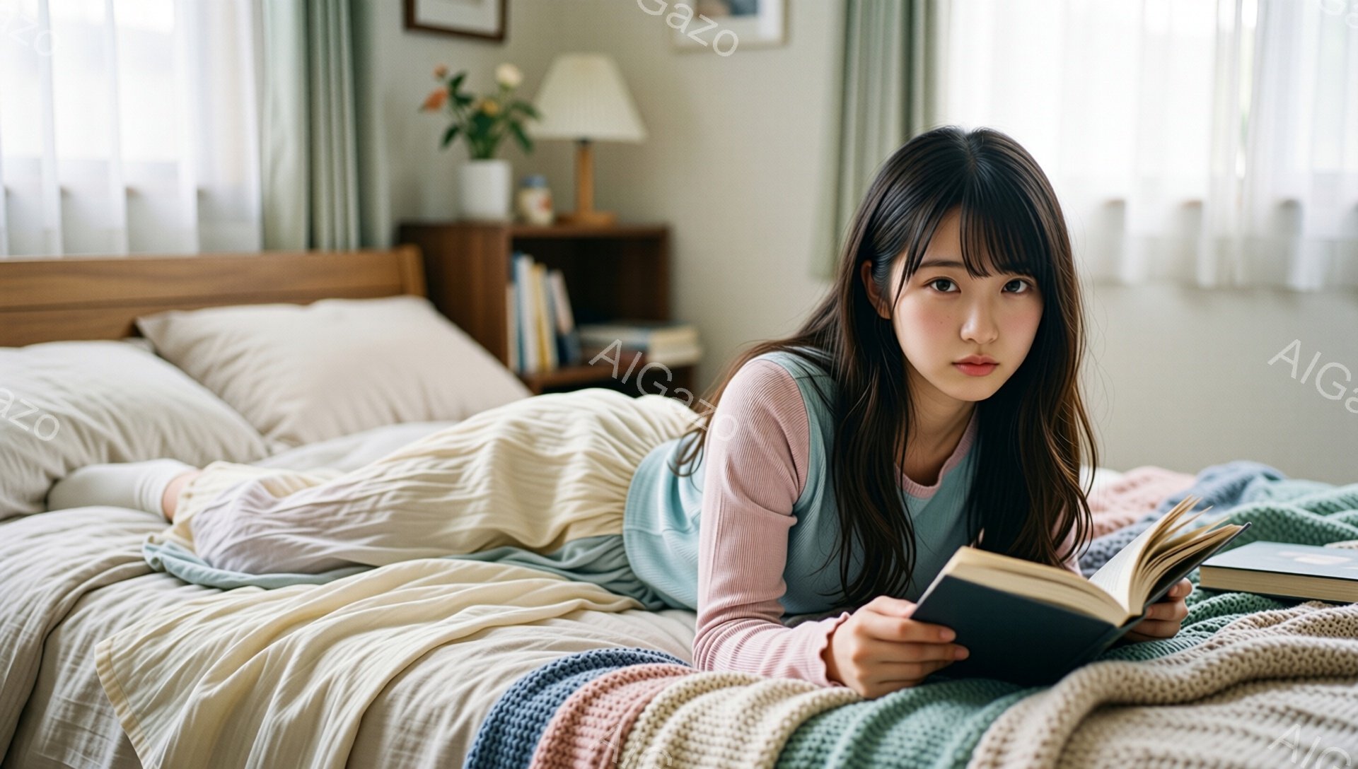 ベッドの上で本を読む若い女性が写っています。彼女は薄いピンク色の長袖シャツに水色のベスト姿で、長いダークブラウンの髪は肩にかかるように自然に垂れ下がっています。表情は穏やかで、リラックスした雰囲気の寝室で、ベージュと白を基調としたベッドリネンと、木製のナイトスタンドが背景に見えます。
