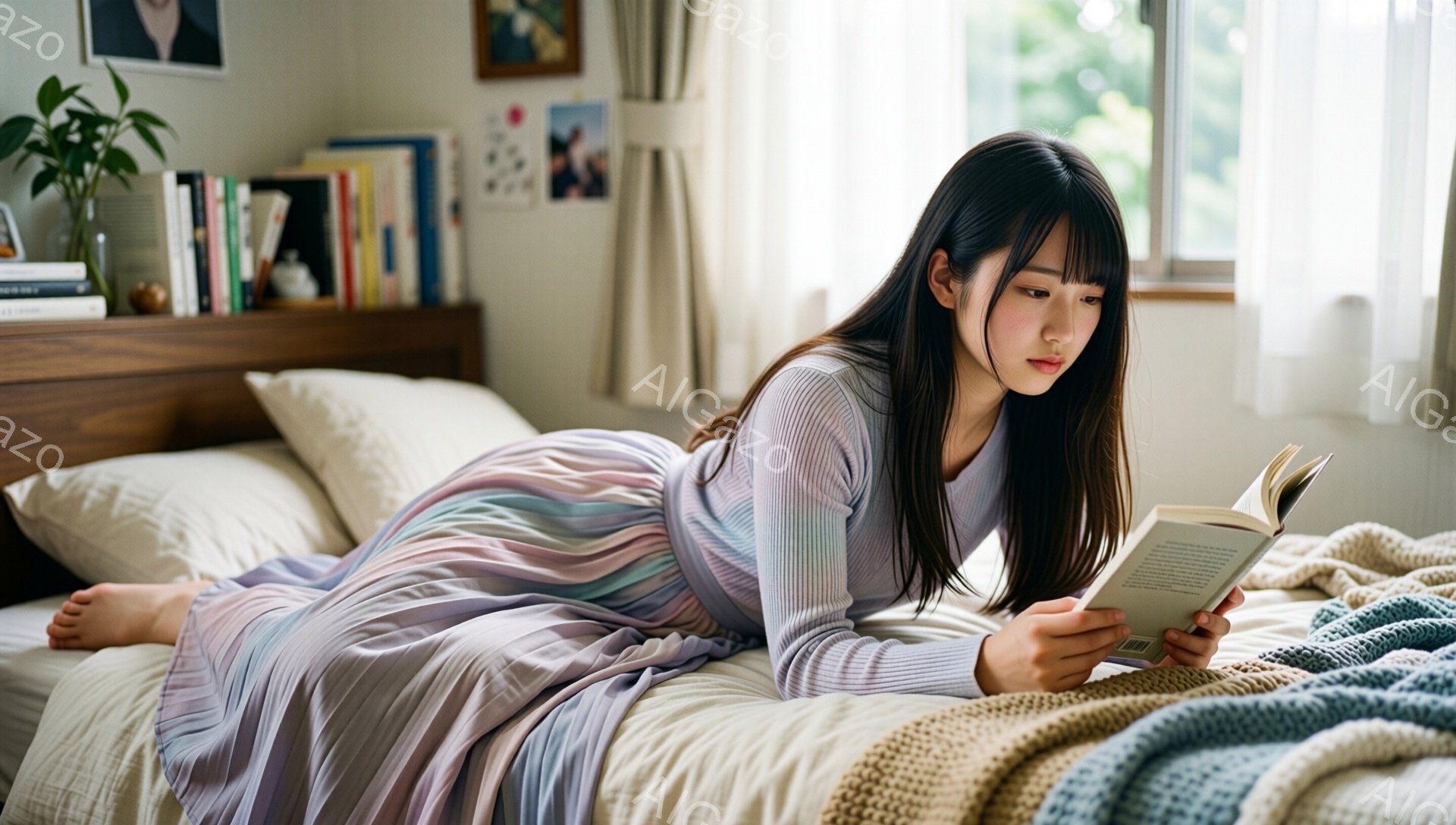 若い女性がベッドの上で本を読んでいます。彼女は薄紫色の長袖シャツと、虹色のプリーツスカートを着ており、髪は肩まで伸びて前髪があります。背景には本棚といくつかの写真があり、部屋は明るく、リラックスした雰囲気です。