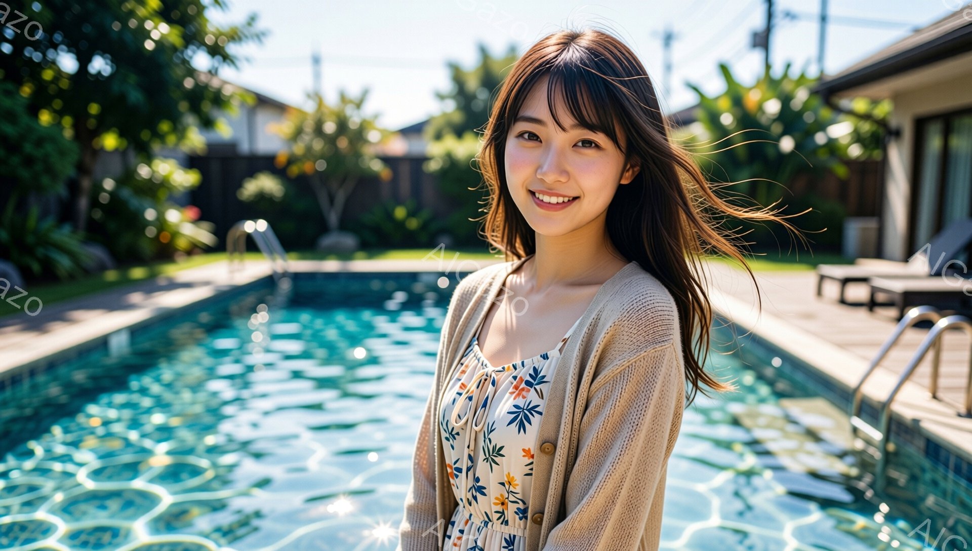 長い茶色の髪を肩にかける女性が、水色のプールの前に立っている。白い花柄のワンピースの上にベージュ色のカーディガンを羽織り、微笑んでいる。背景には緑豊かな植物と、日差しの下にある家が見え、リラックスした - AI生成フリー素材