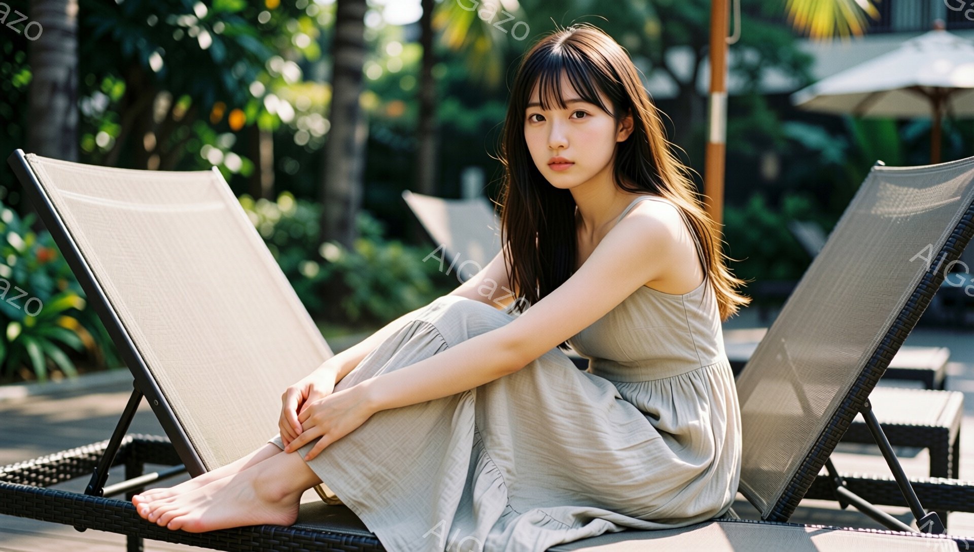 長い髪の女性が、屋外のデッキチェアに座って足を組んでいます。ベージュ色のゆったりとしたワンピースを着ており、素足です。背景には緑豊かな植物、遠くに見える建物、そして晴れた空が広がっており、リラックスし - AI生成フリー素材